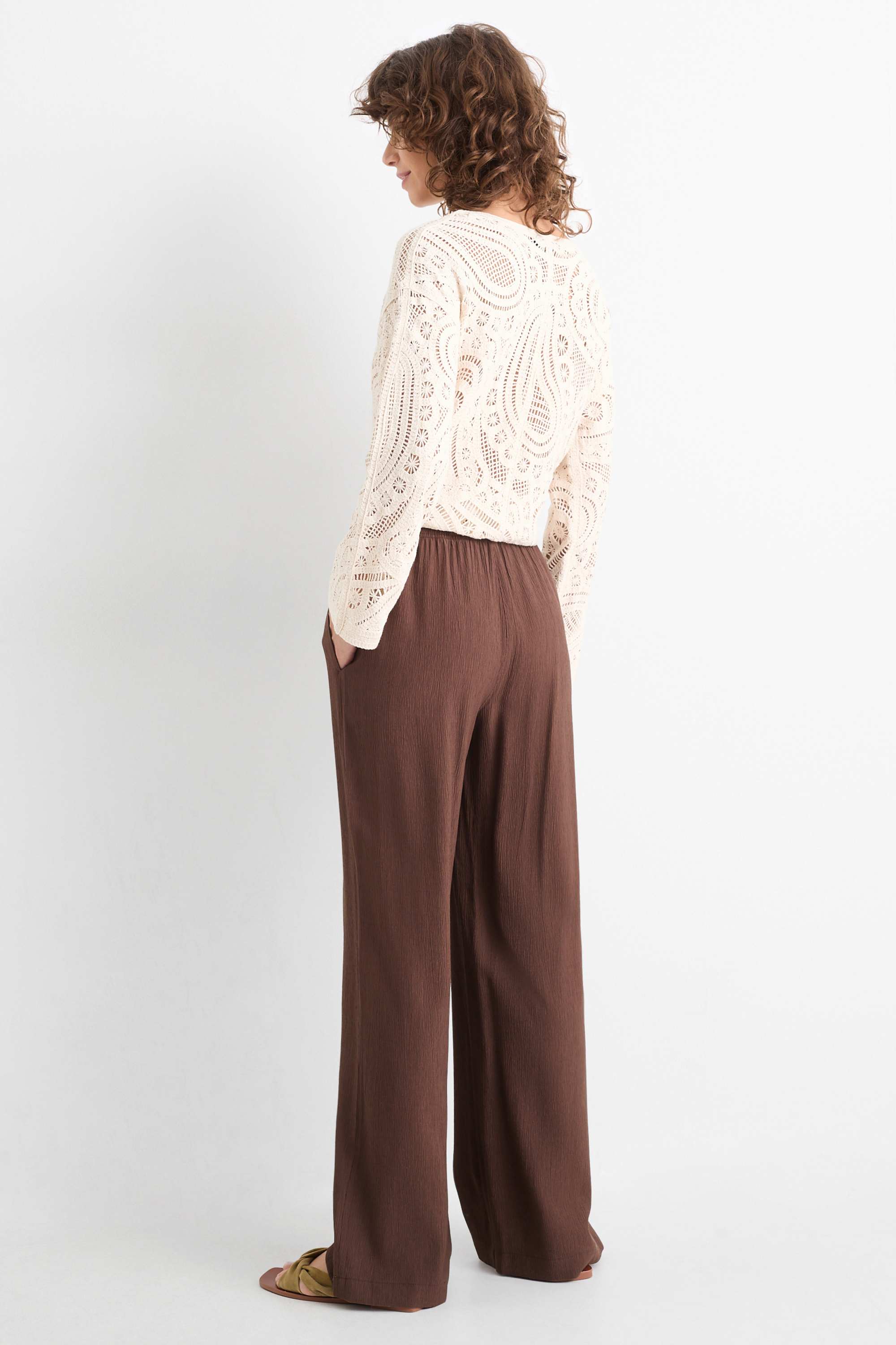 Cloth trousers - mid-rise waist - wide leg dark brown