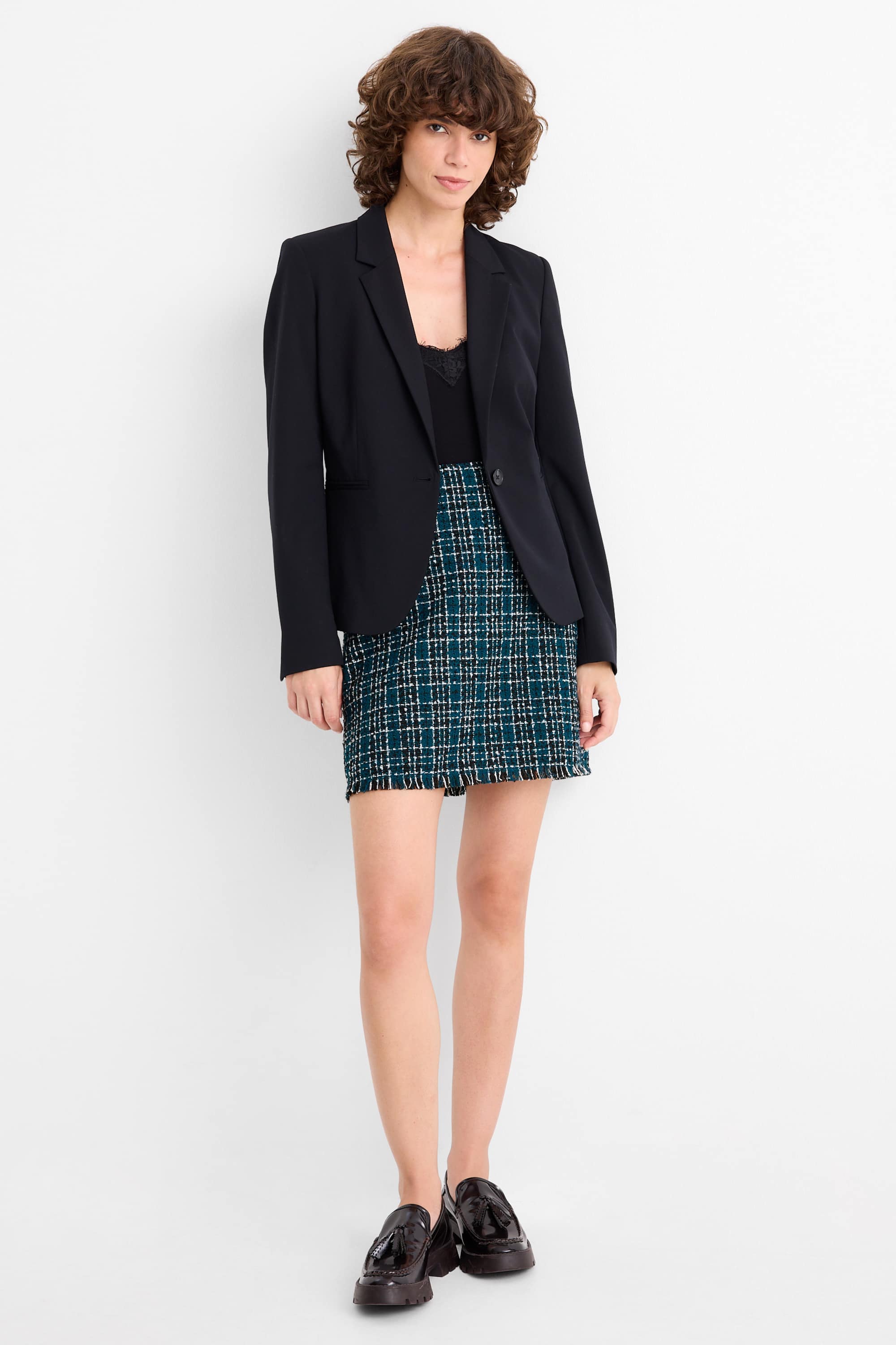 Bouclé miniskirt - check dark green