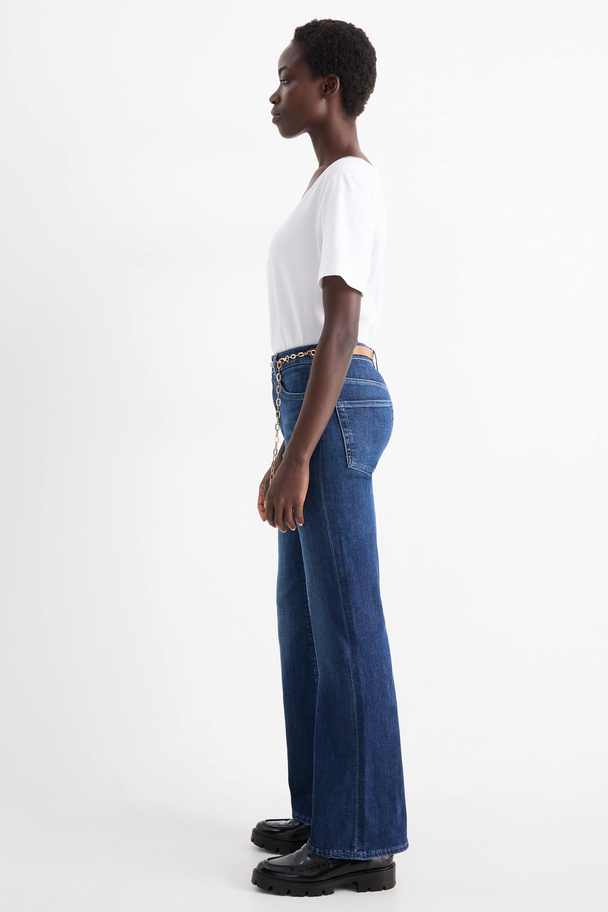 Flared jeans with belt - high waist - LYCRA® blue denim