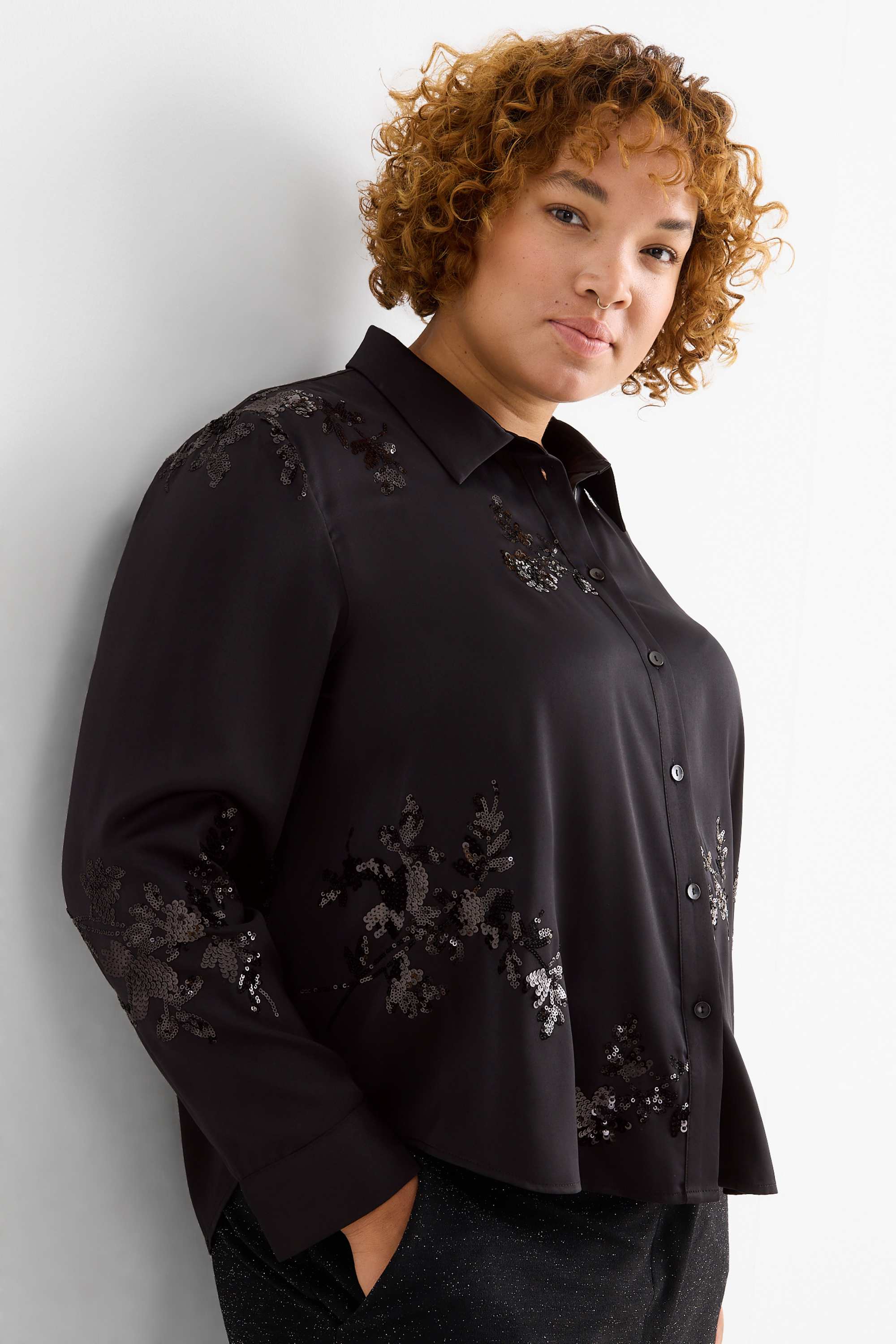 Satin blouse - floral - shiny black