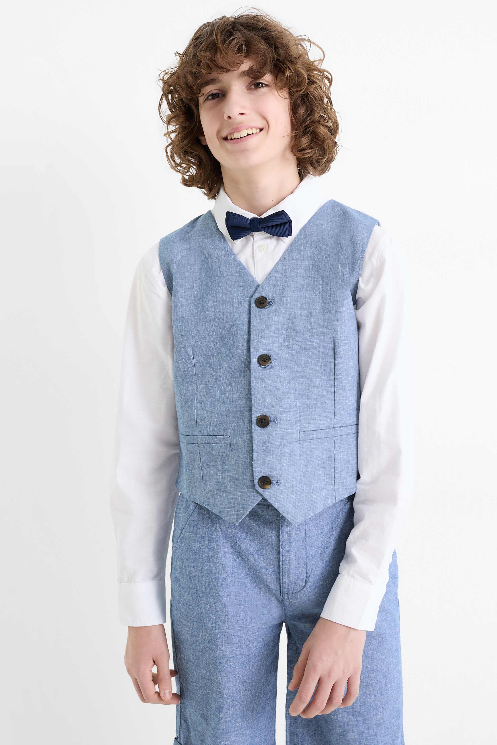 Set - shirt, waistcoat and bow tie - 3 piece - party blue / white