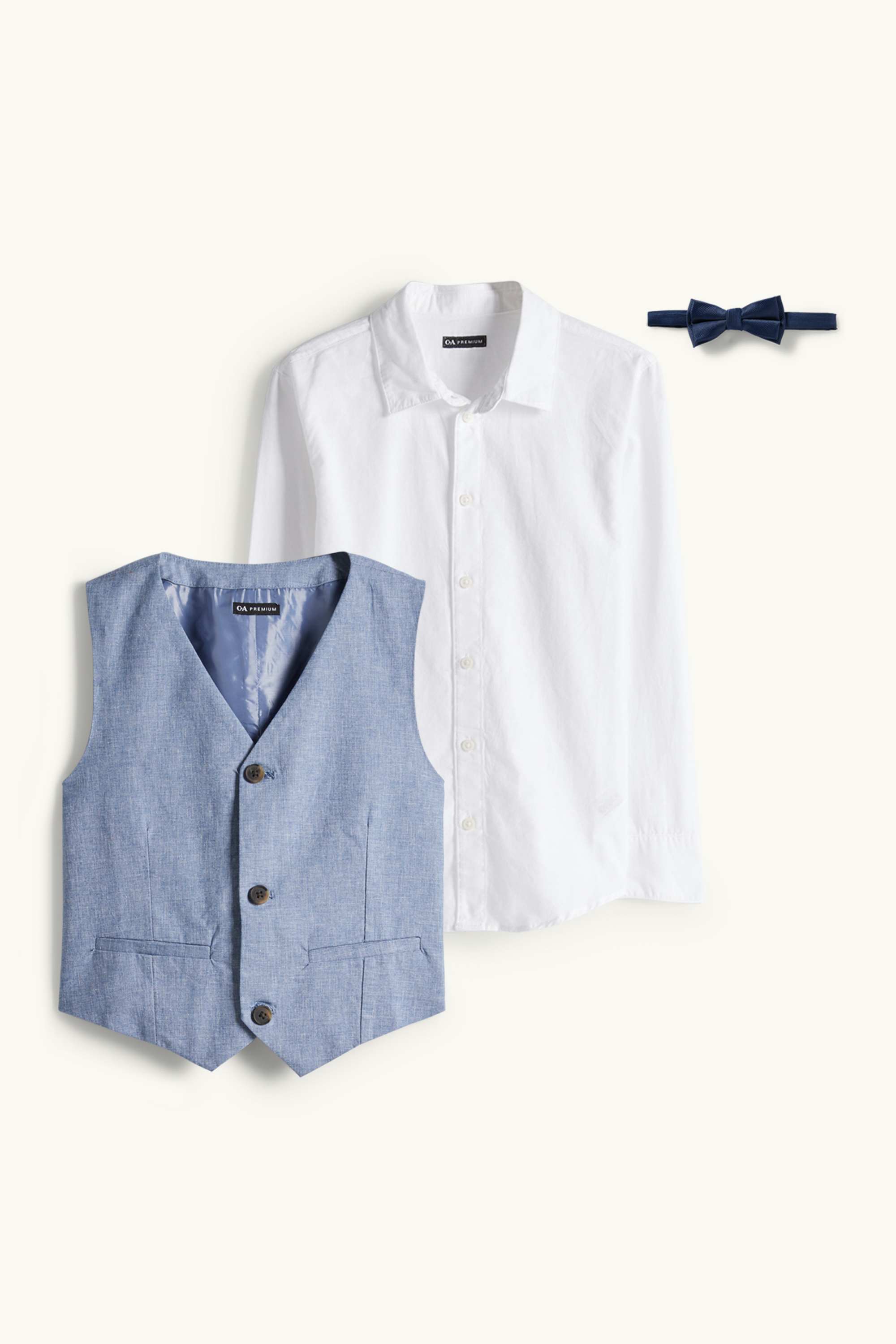Set - shirt, waistcoat and bow tie - 3 piece - party blue / white