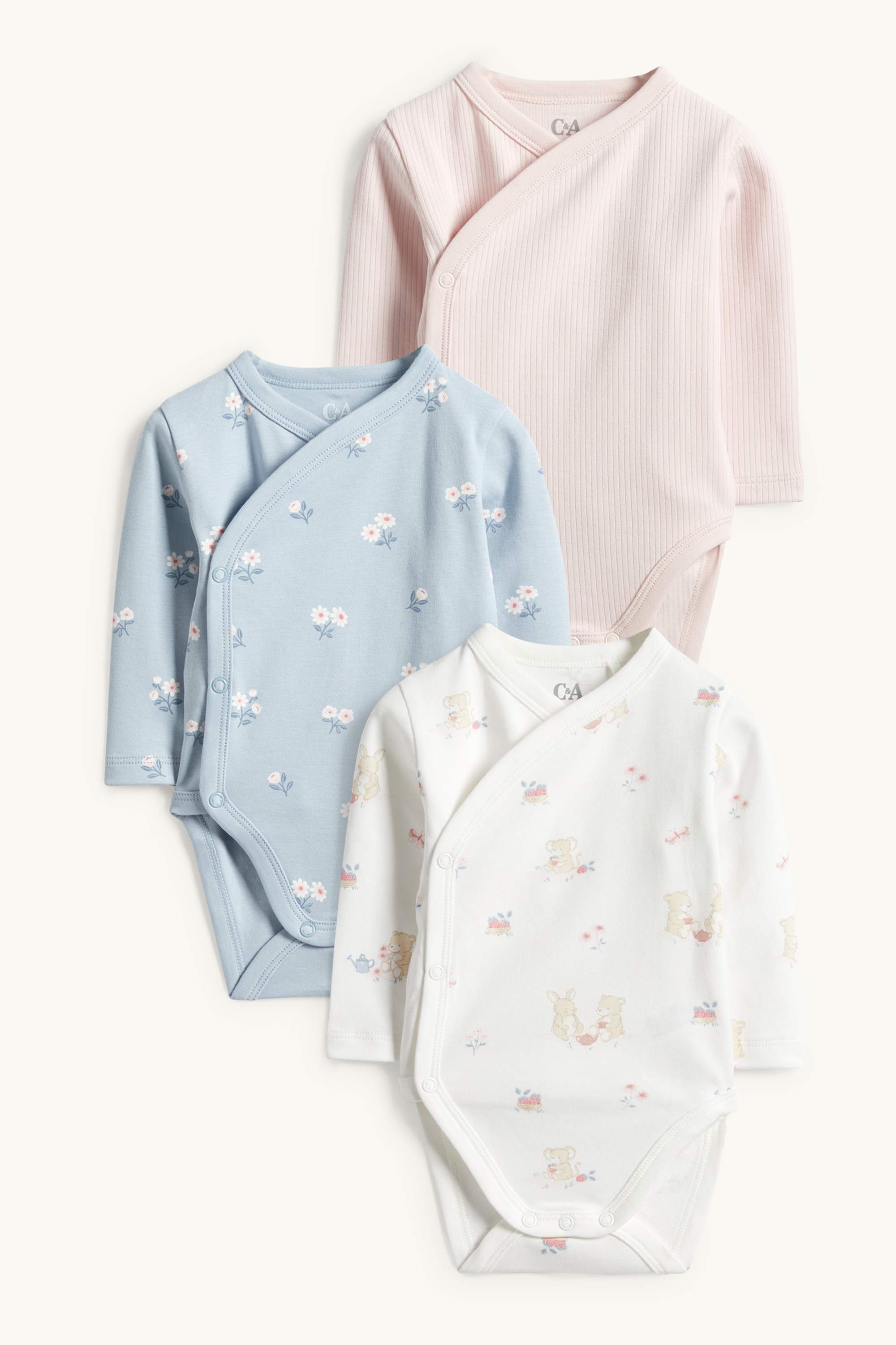 Multipack of 3 - little mice and flowers - wrapover baby bodysuit white / rose