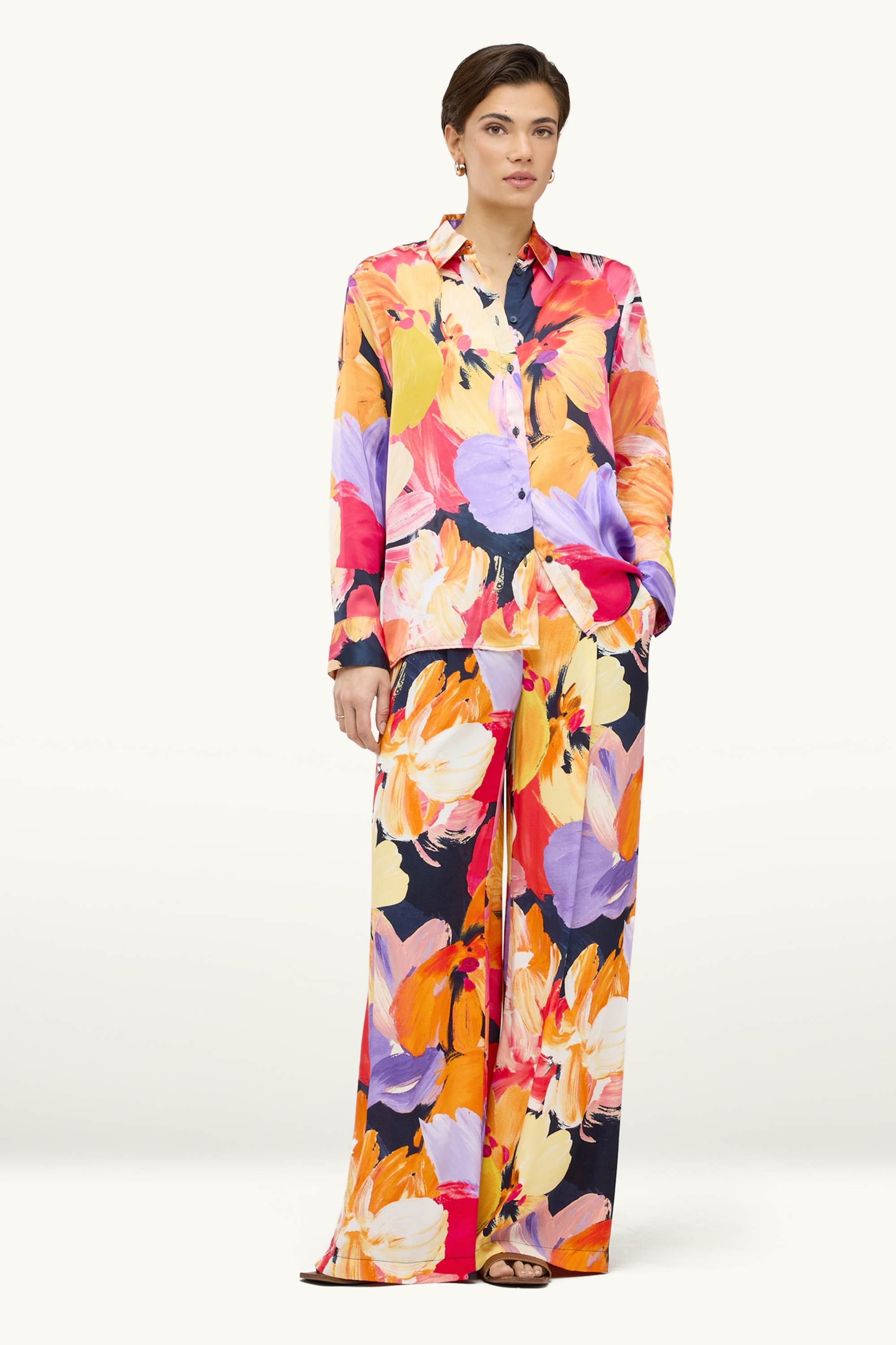 Cloth trousers - high waist - wide leg - floral orange