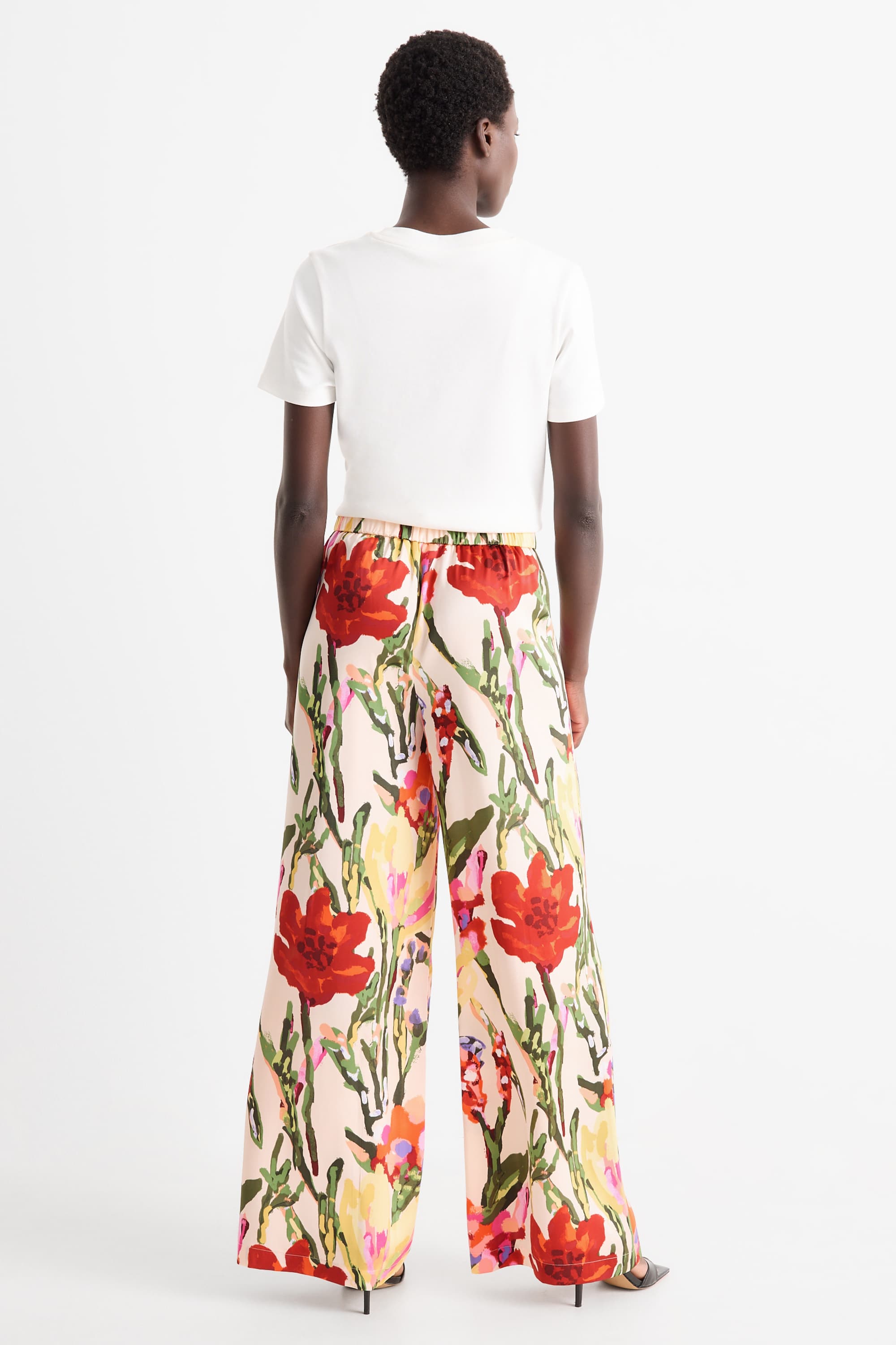 Cloth trousers - high waist - wide leg - floral multicoloured