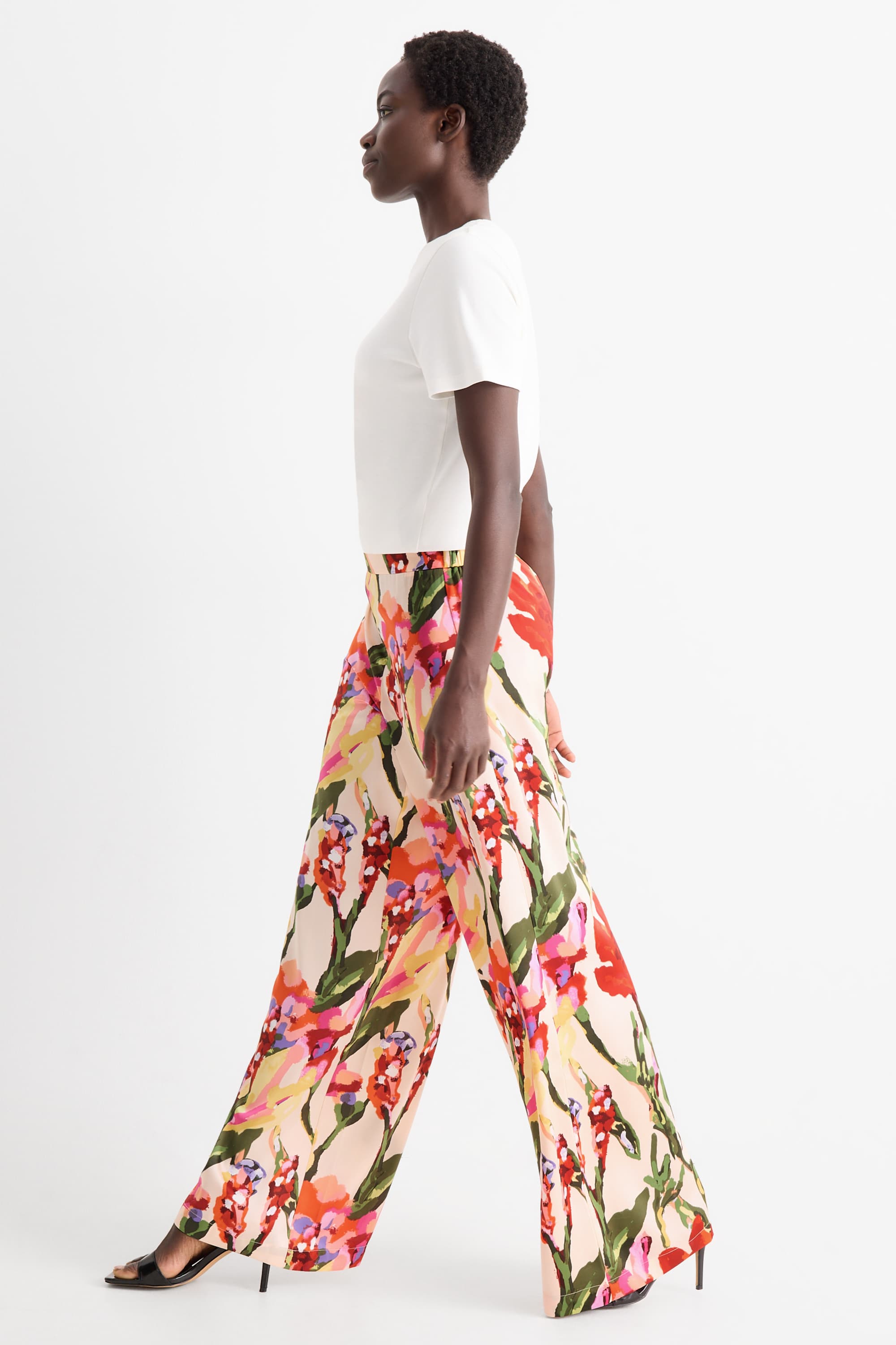 Cloth trousers - high waist - wide leg - floral multicoloured