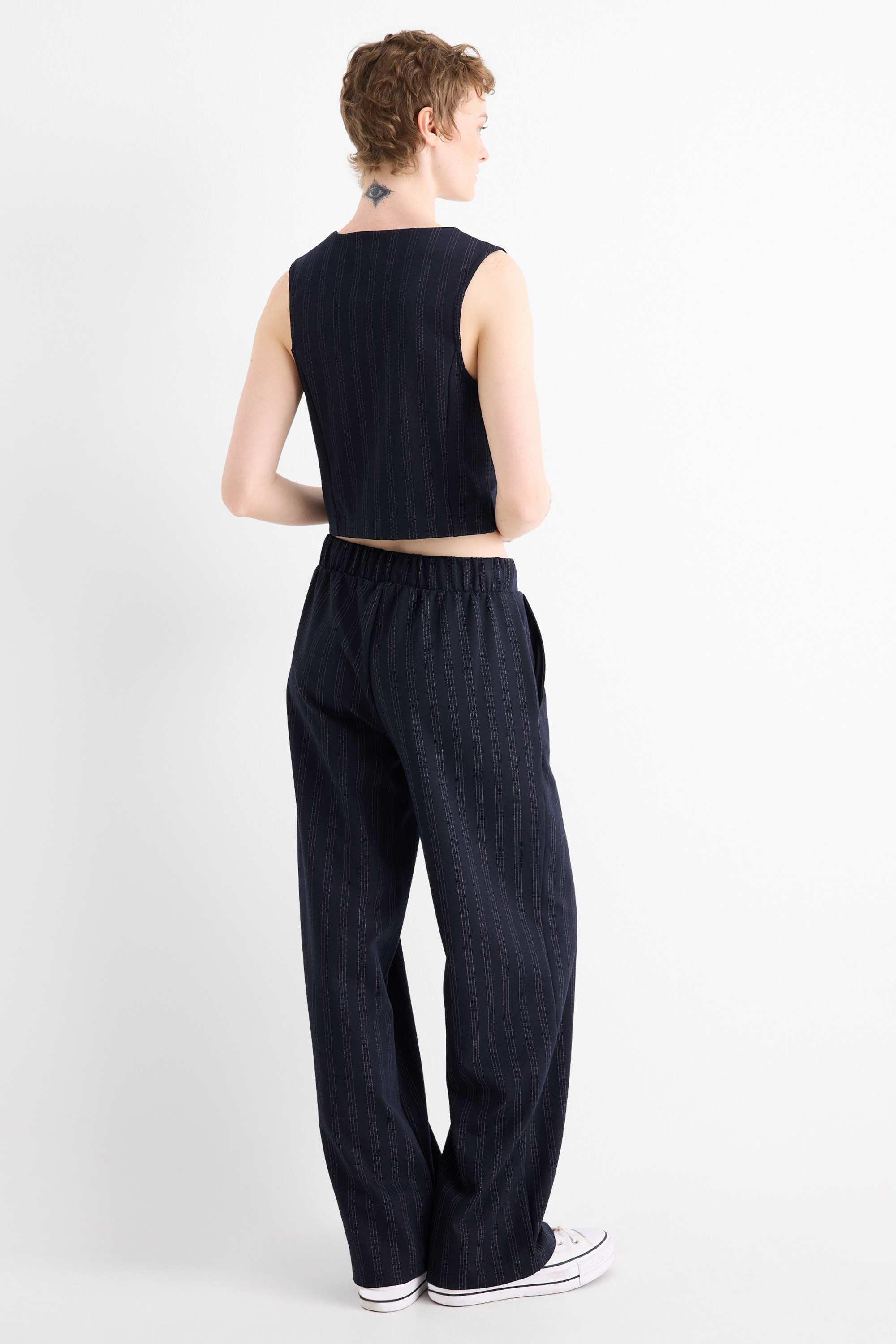 Jersey trousers - mid-rise waist - wide leg - pinstripes dark blue