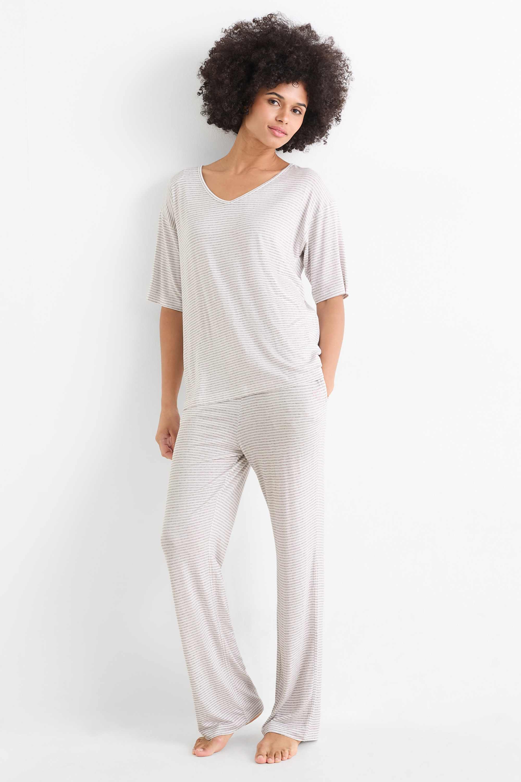 Viscose pyjamas - striped light gray