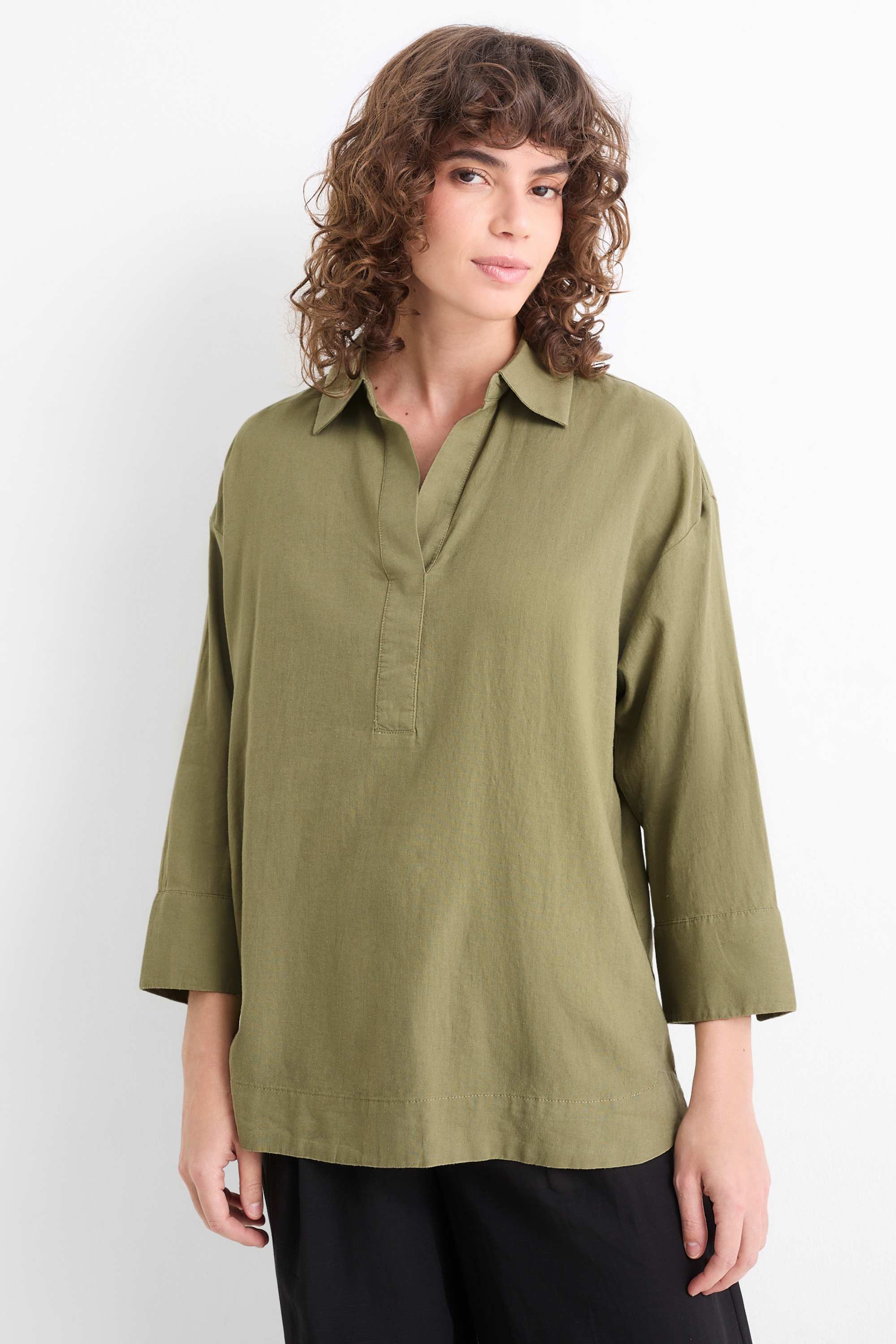 Blouse - linen blend khaki