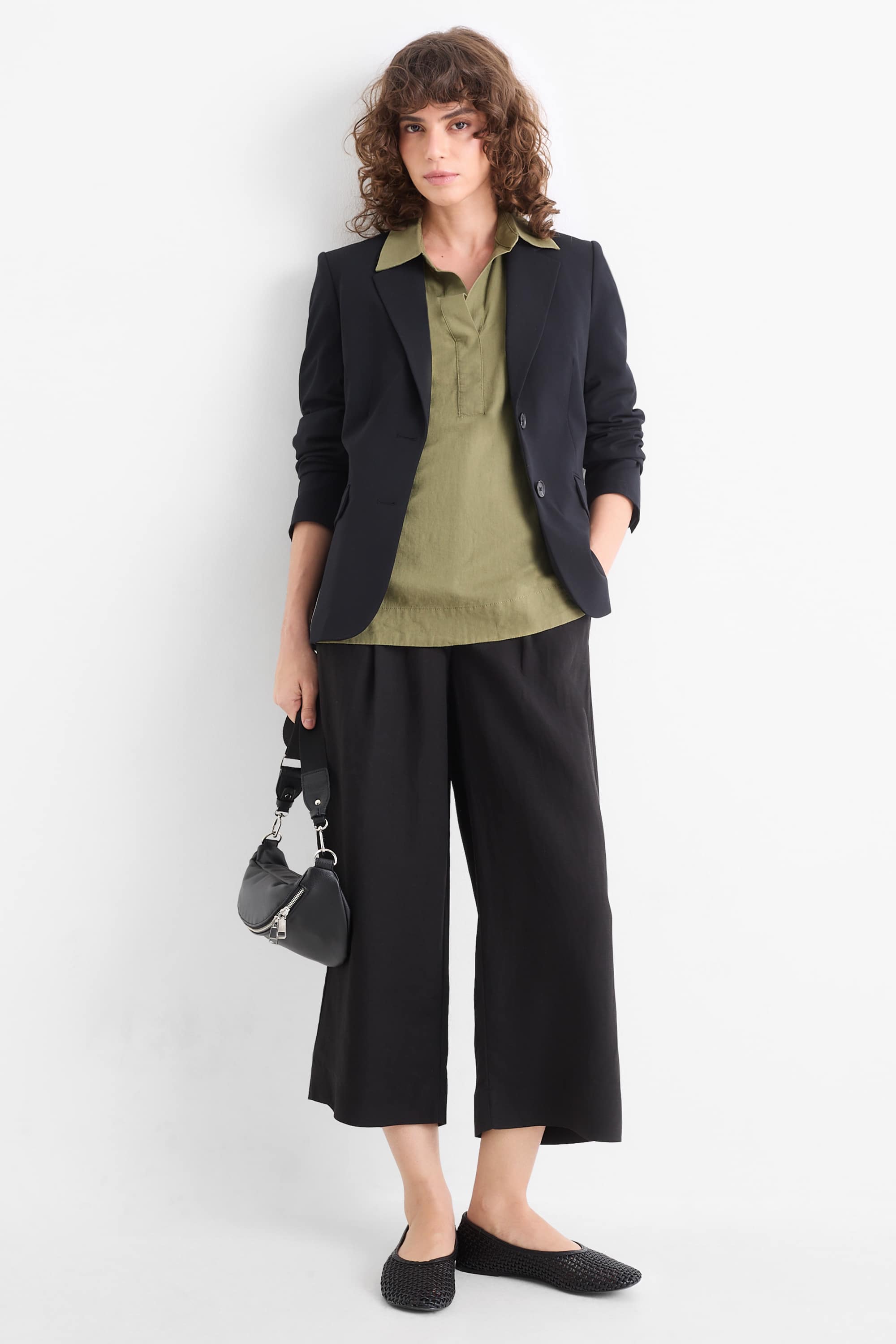 Blouse - linen blend khaki