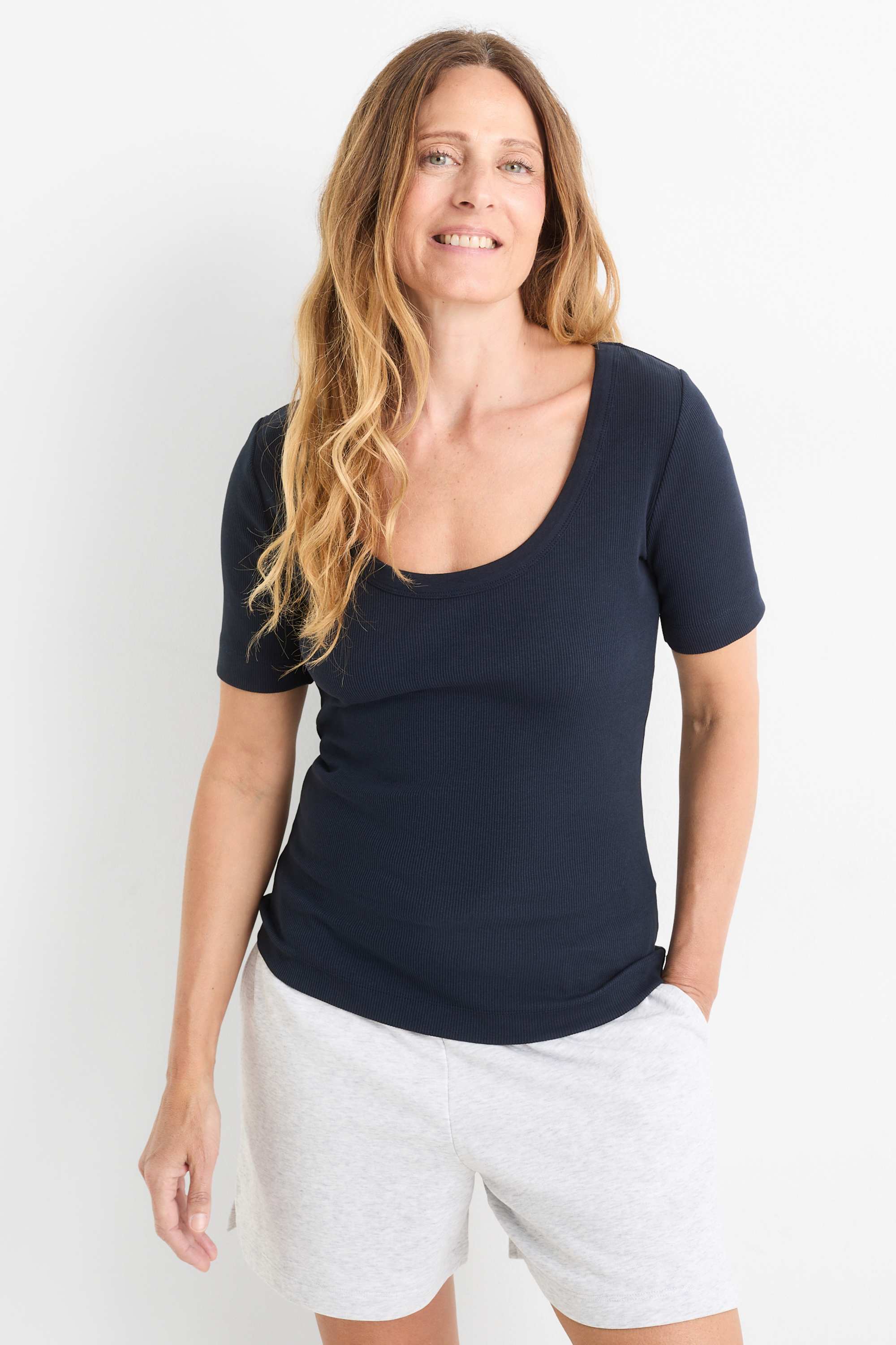 T-shirt - regular fit - ribbed dark blue