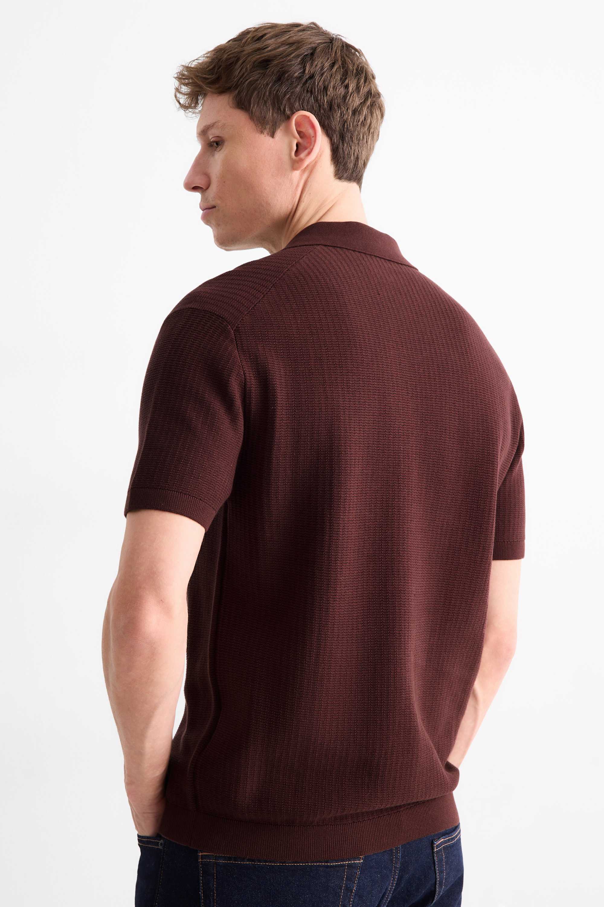 Knitted polo shirt - relaxed fit - textured bordeaux