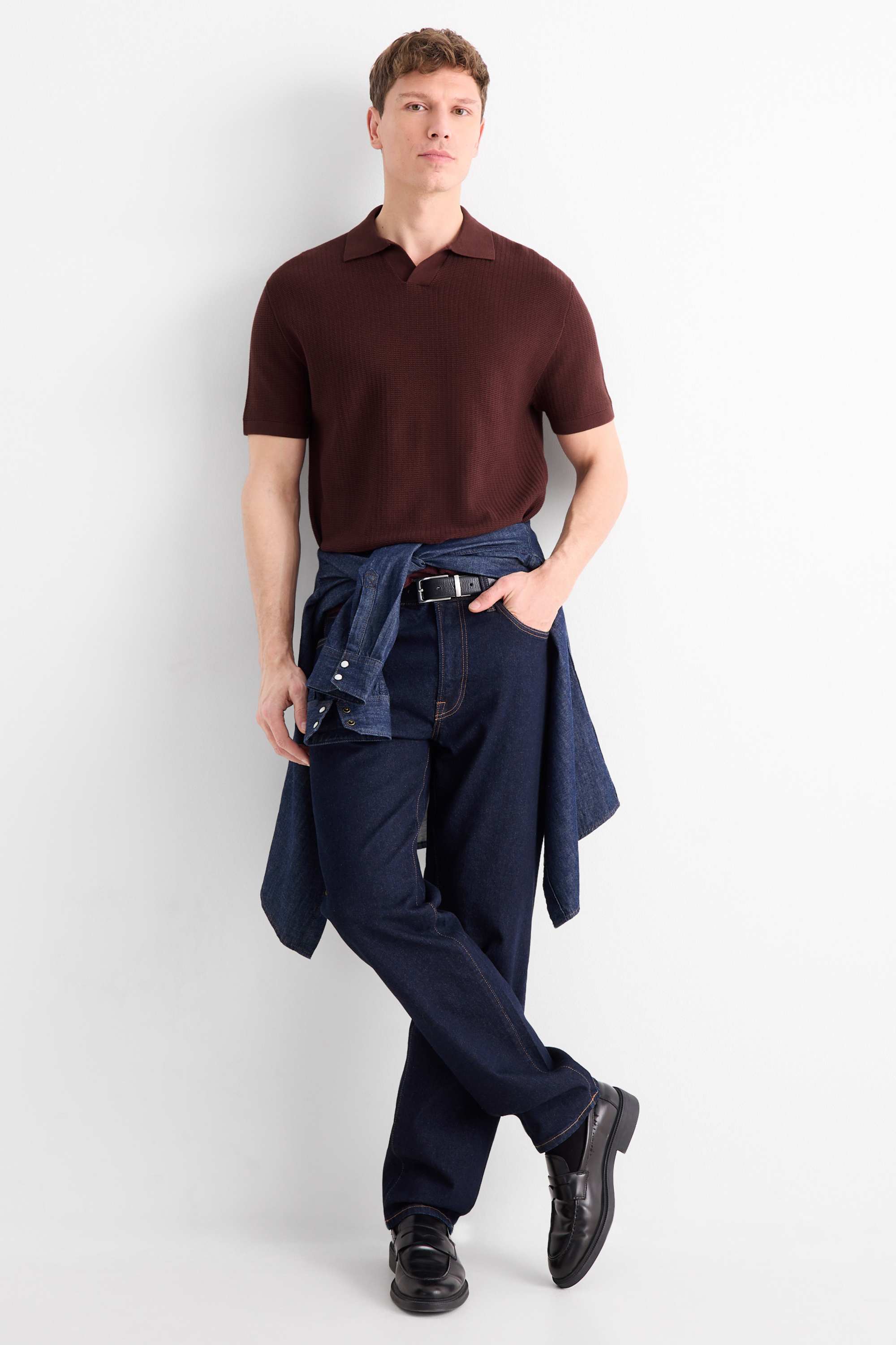 Knitted polo shirt - relaxed fit - textured bordeaux