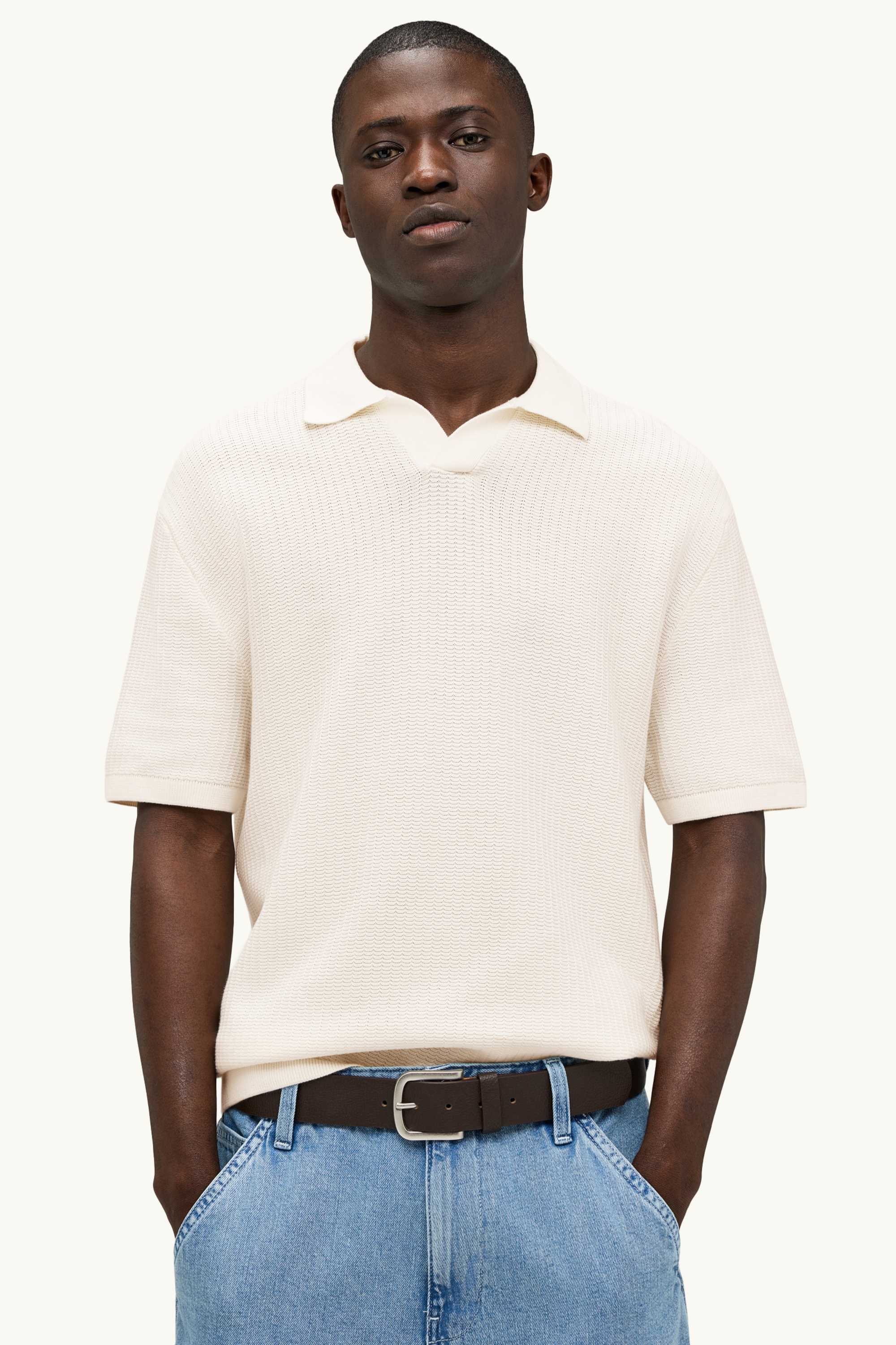 Knitted polo shirt - relaxed fit - textured cremewhite