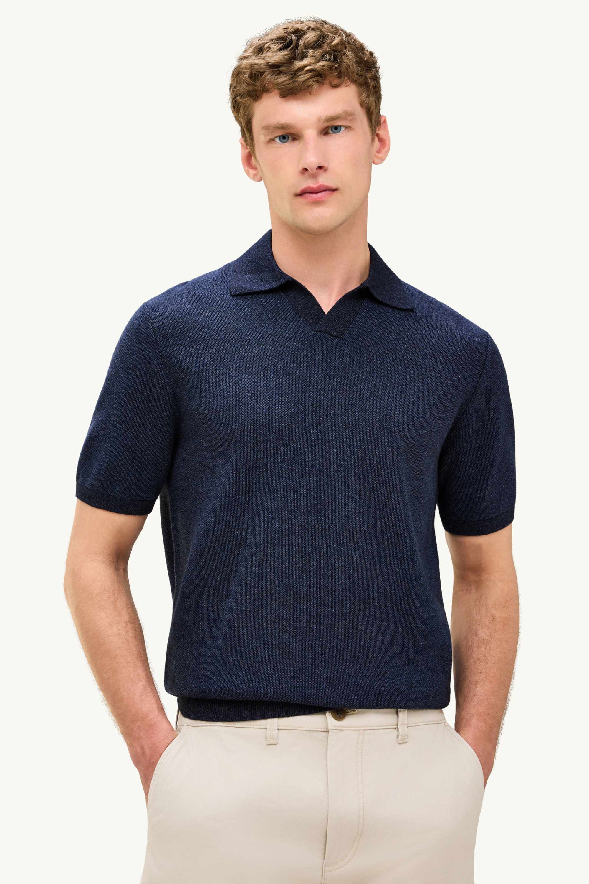 Knitted polo shirt - regular fit - textured dark blue