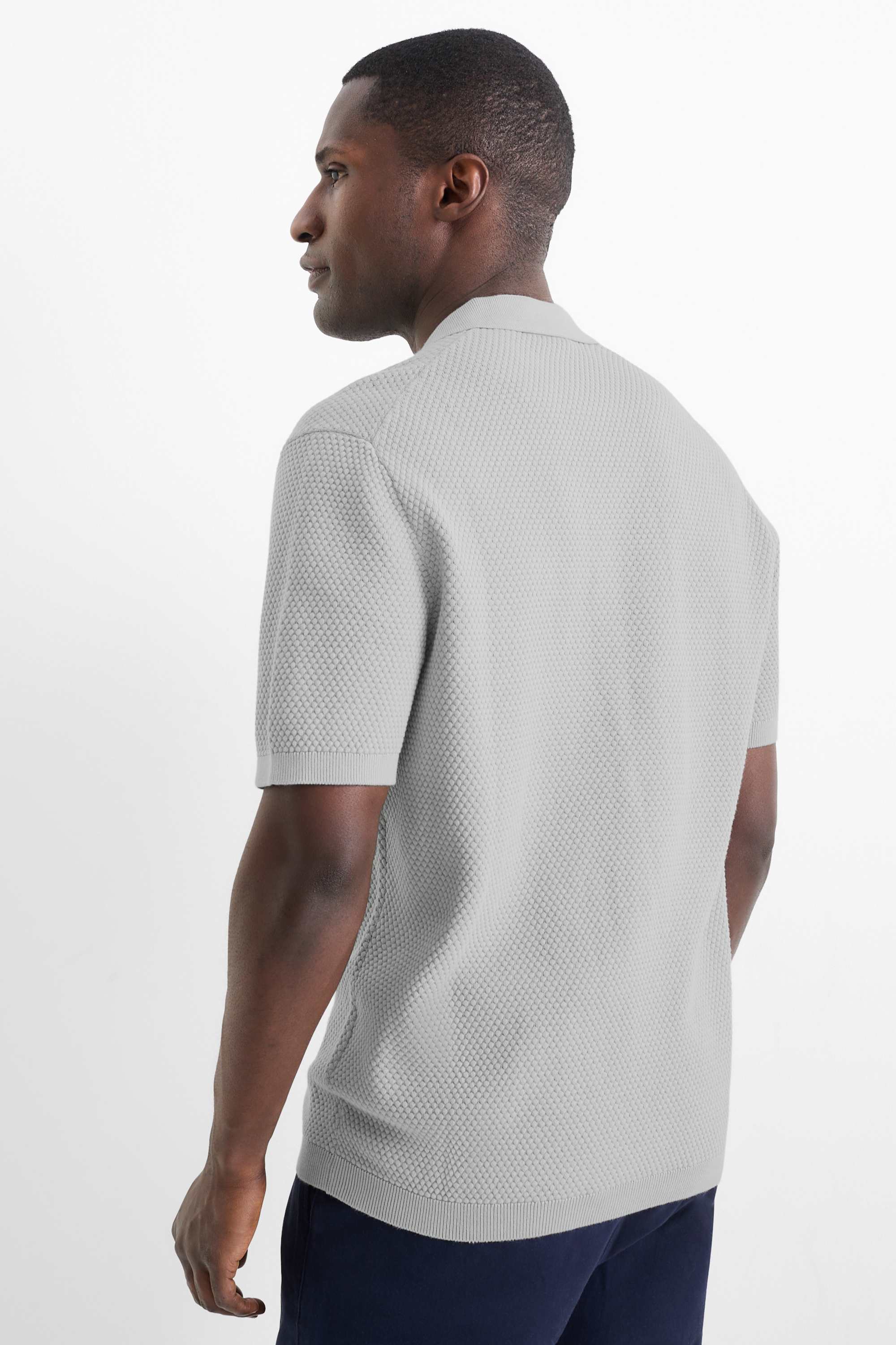 Knitted polo shirt - regular fit - textured gray