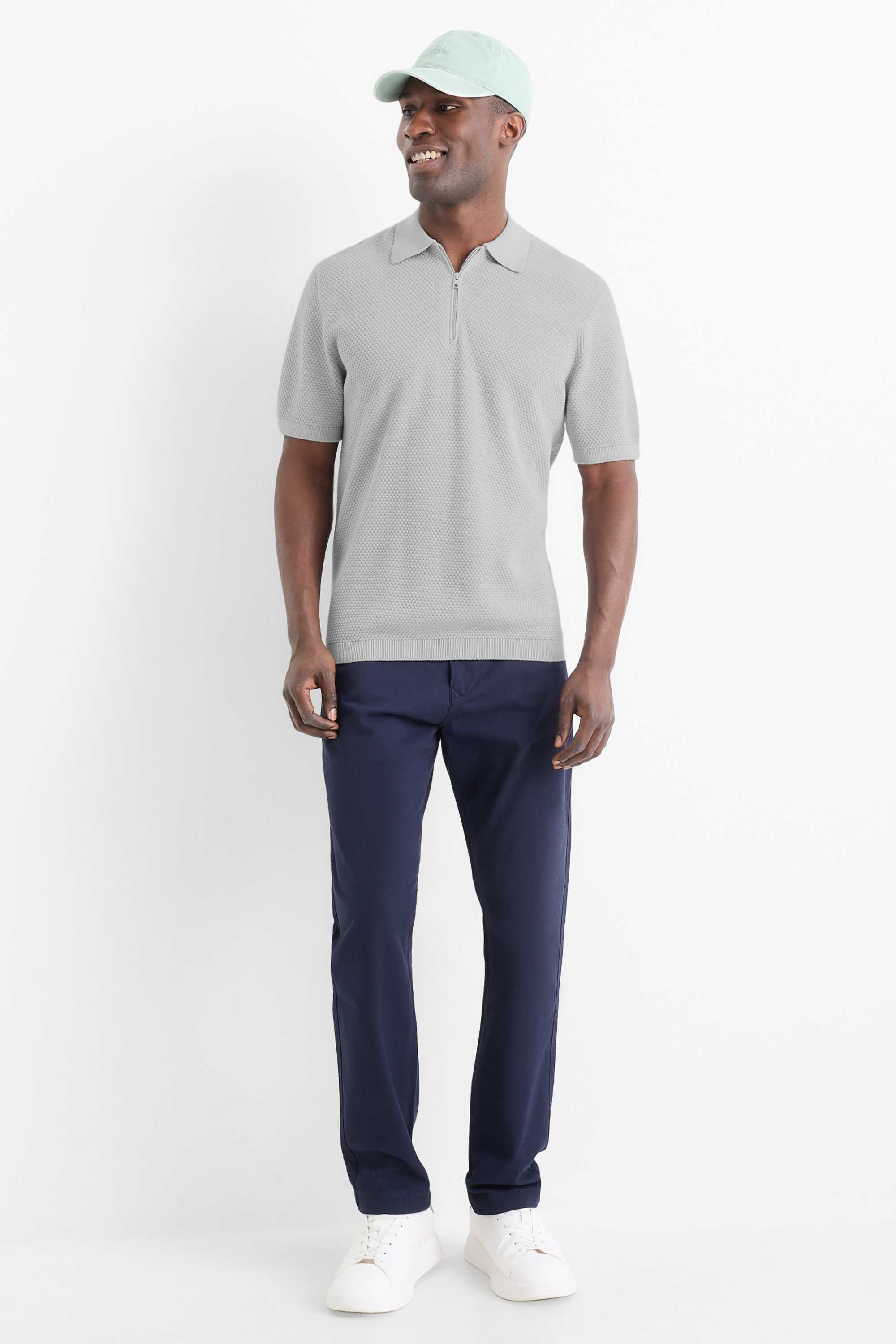 Knitted polo shirt - regular fit - textured gray
