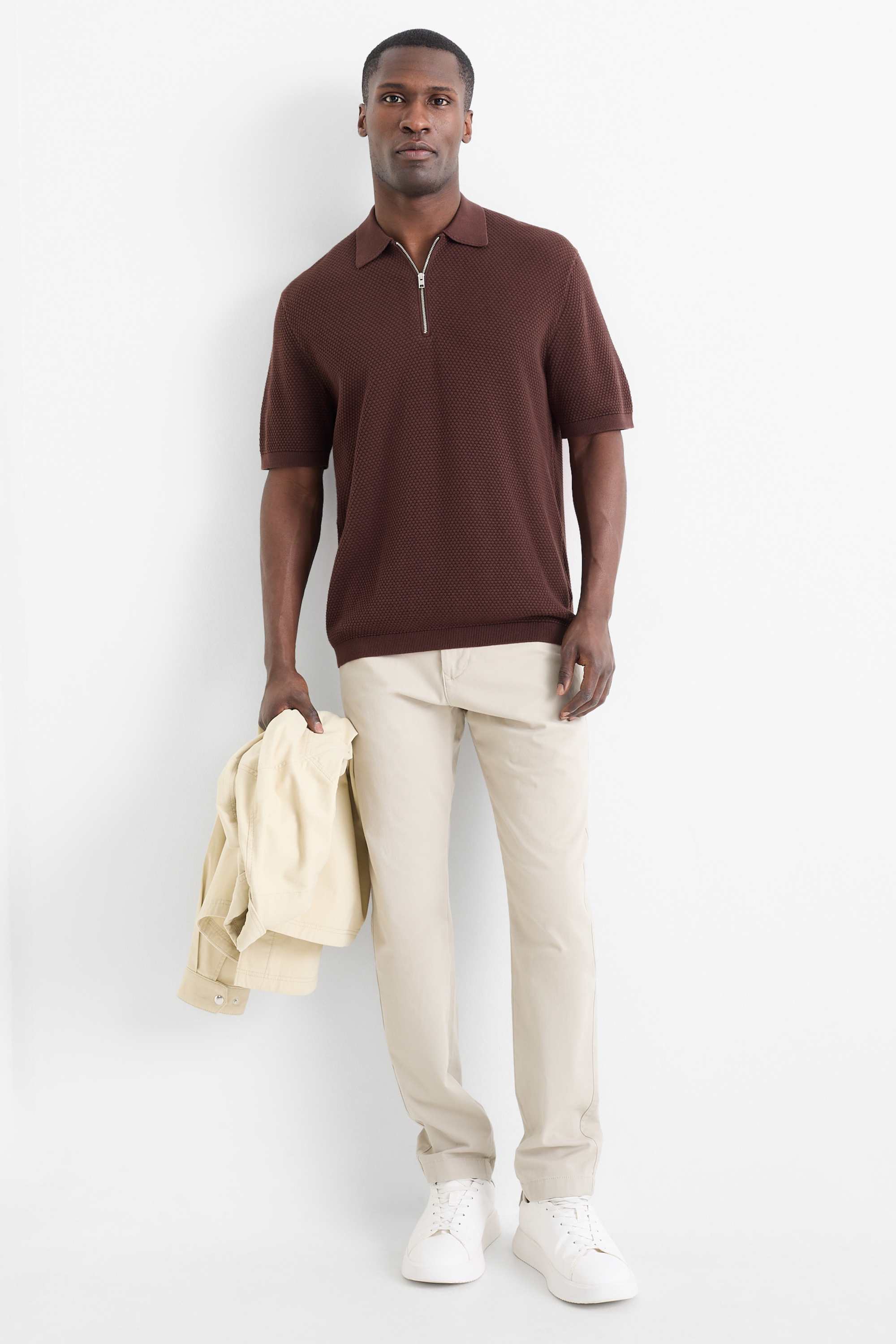 Knitted polo shirt - regular fit - textured dark brown