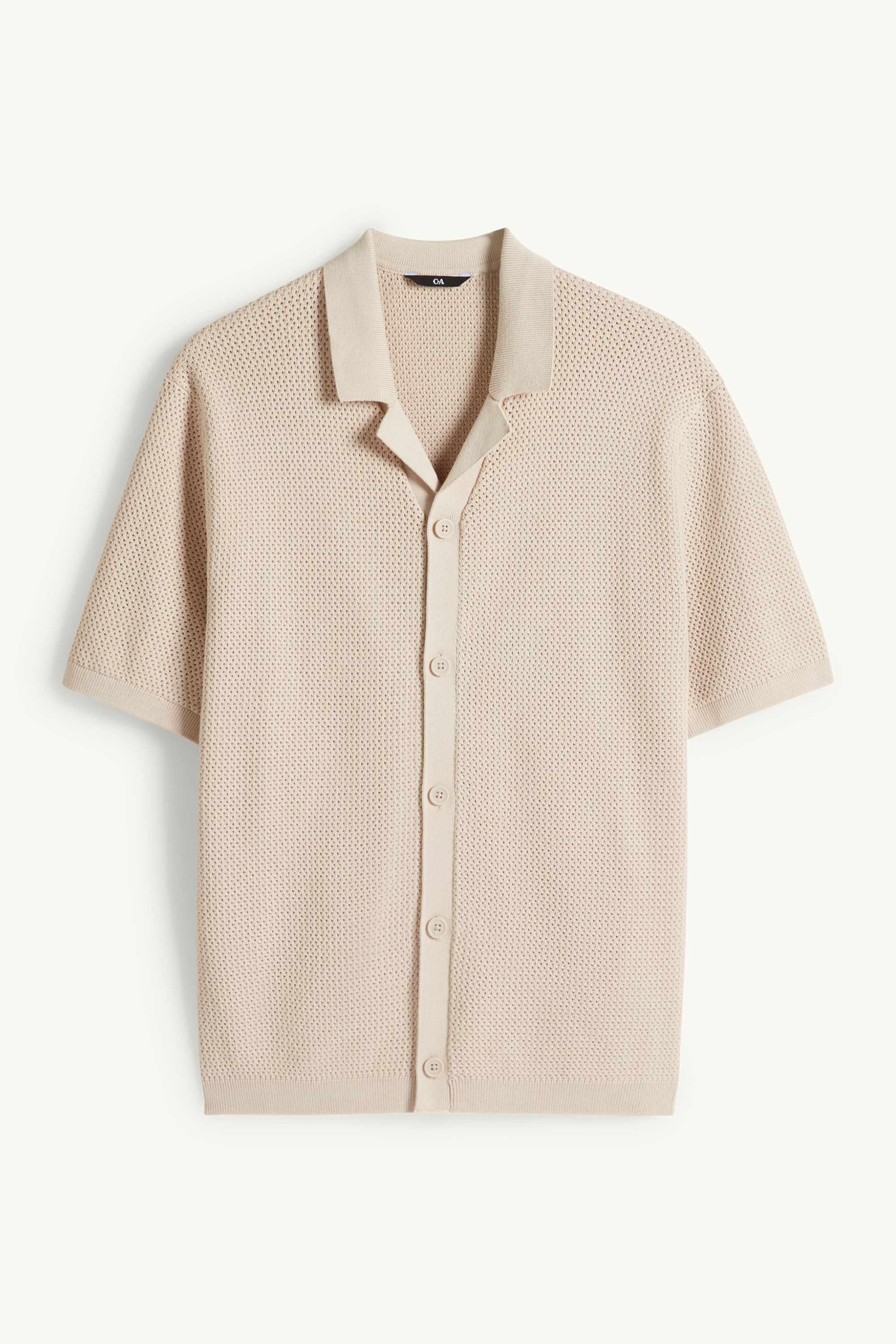 Knitted shirt - regular fit - lapel collar light beige
