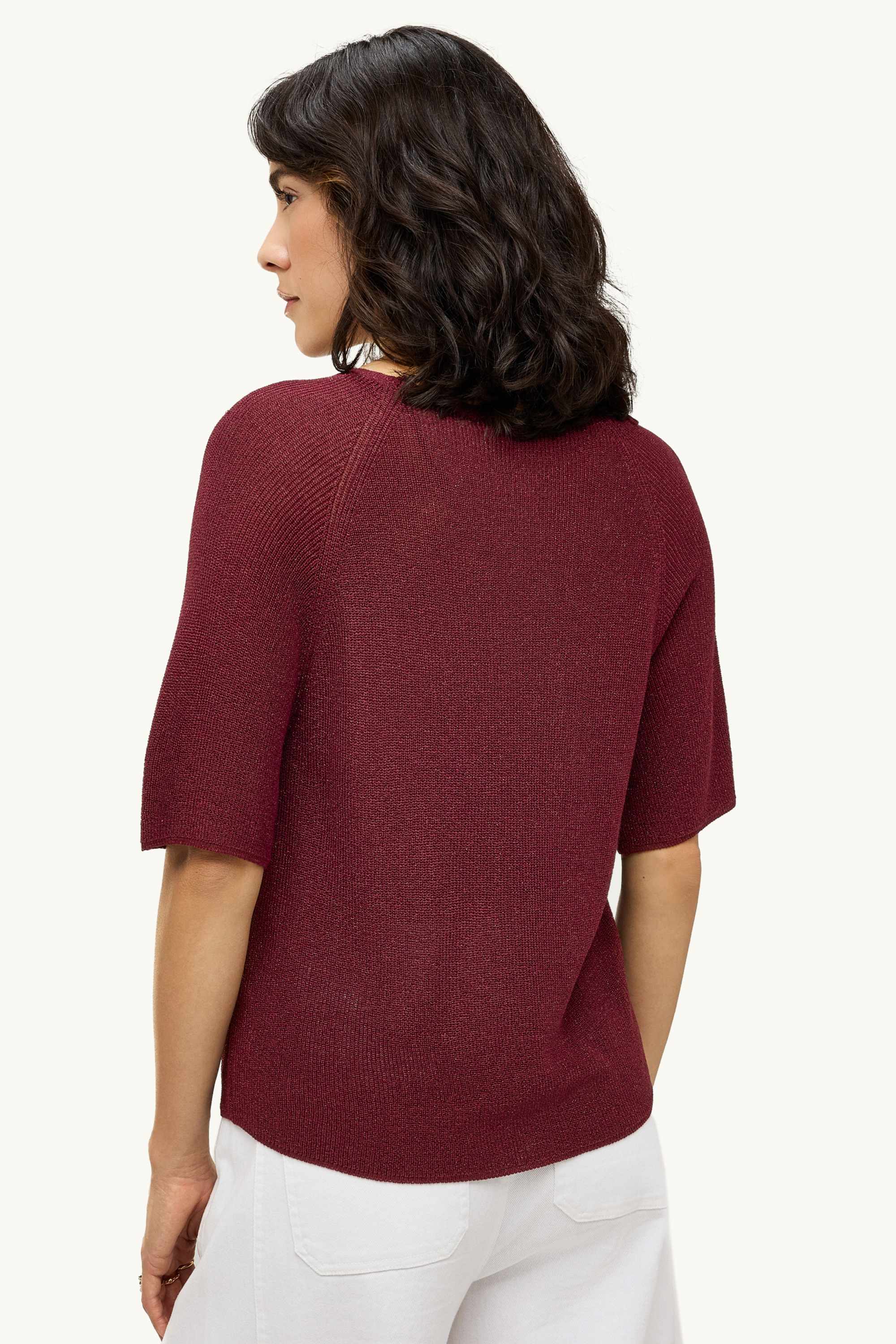 Knitted jumper - short sleeve - shiny dark red