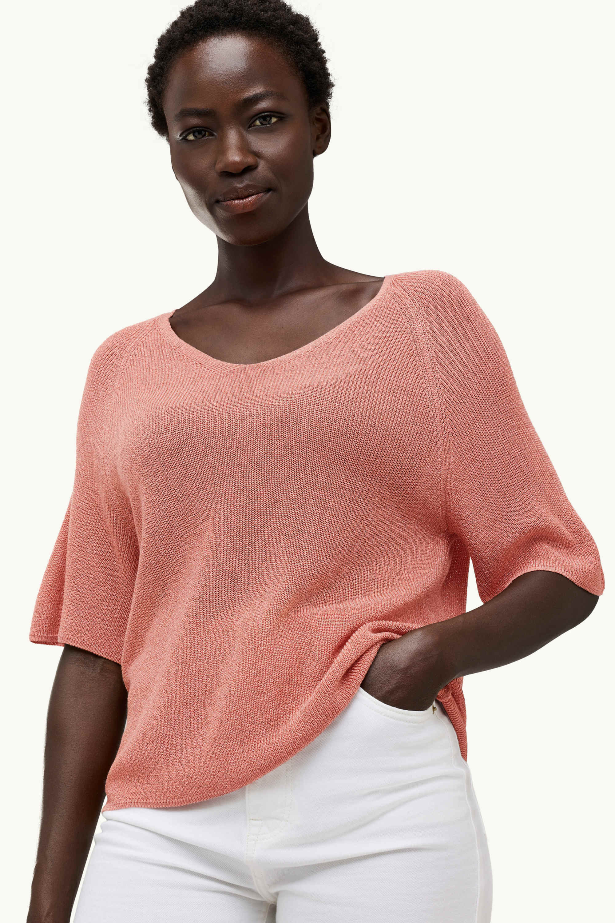 Knitted jumper - short sleeve - shiny rose