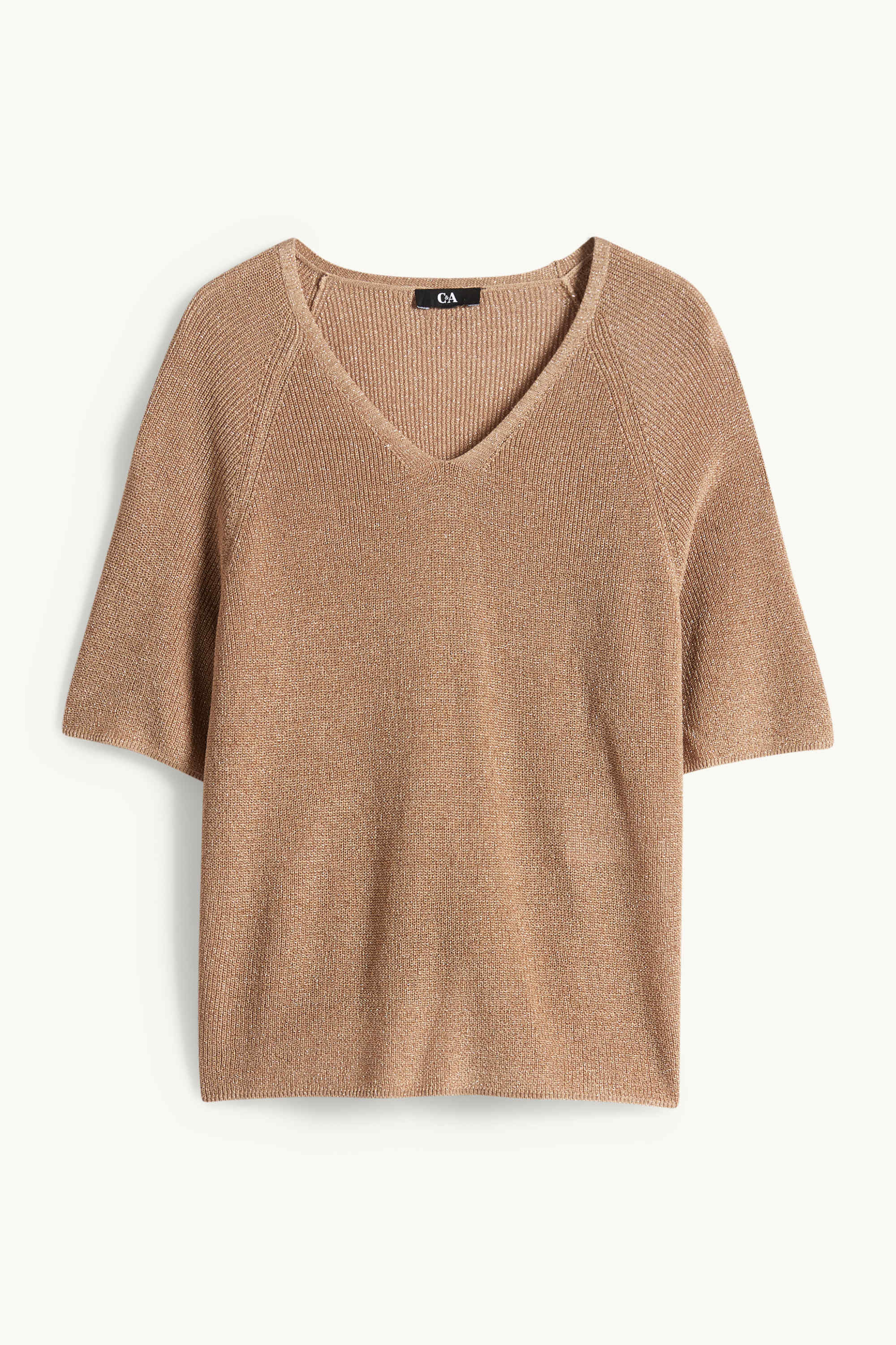 Knitted jumper - short sleeve - shiny light brown