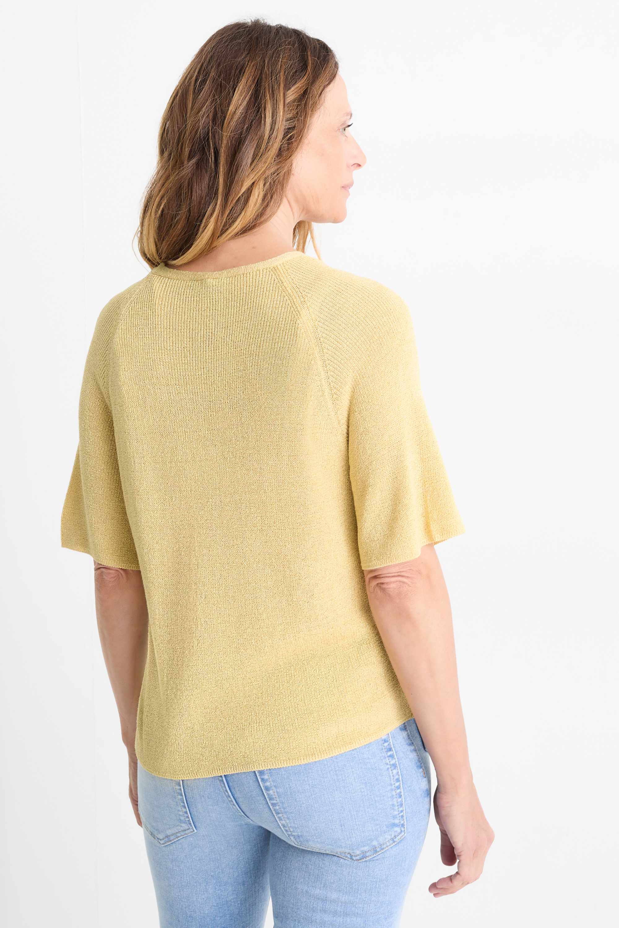 Knitted jumper - short sleeve - shiny yellow