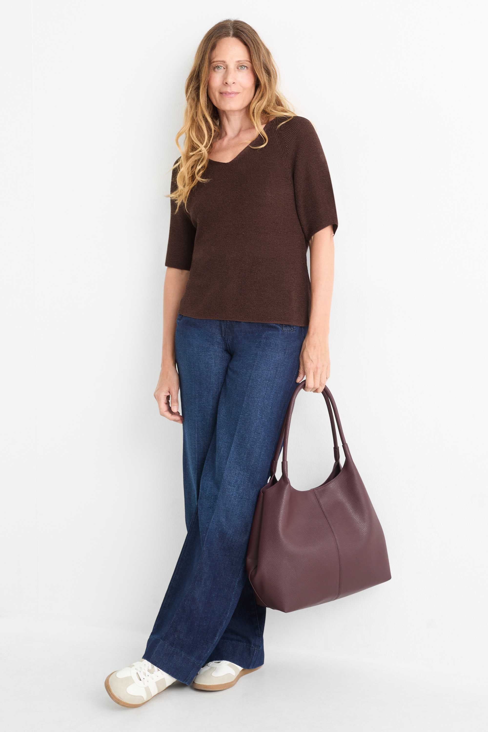 Knitted jumper - short sleeve - shiny dark brown