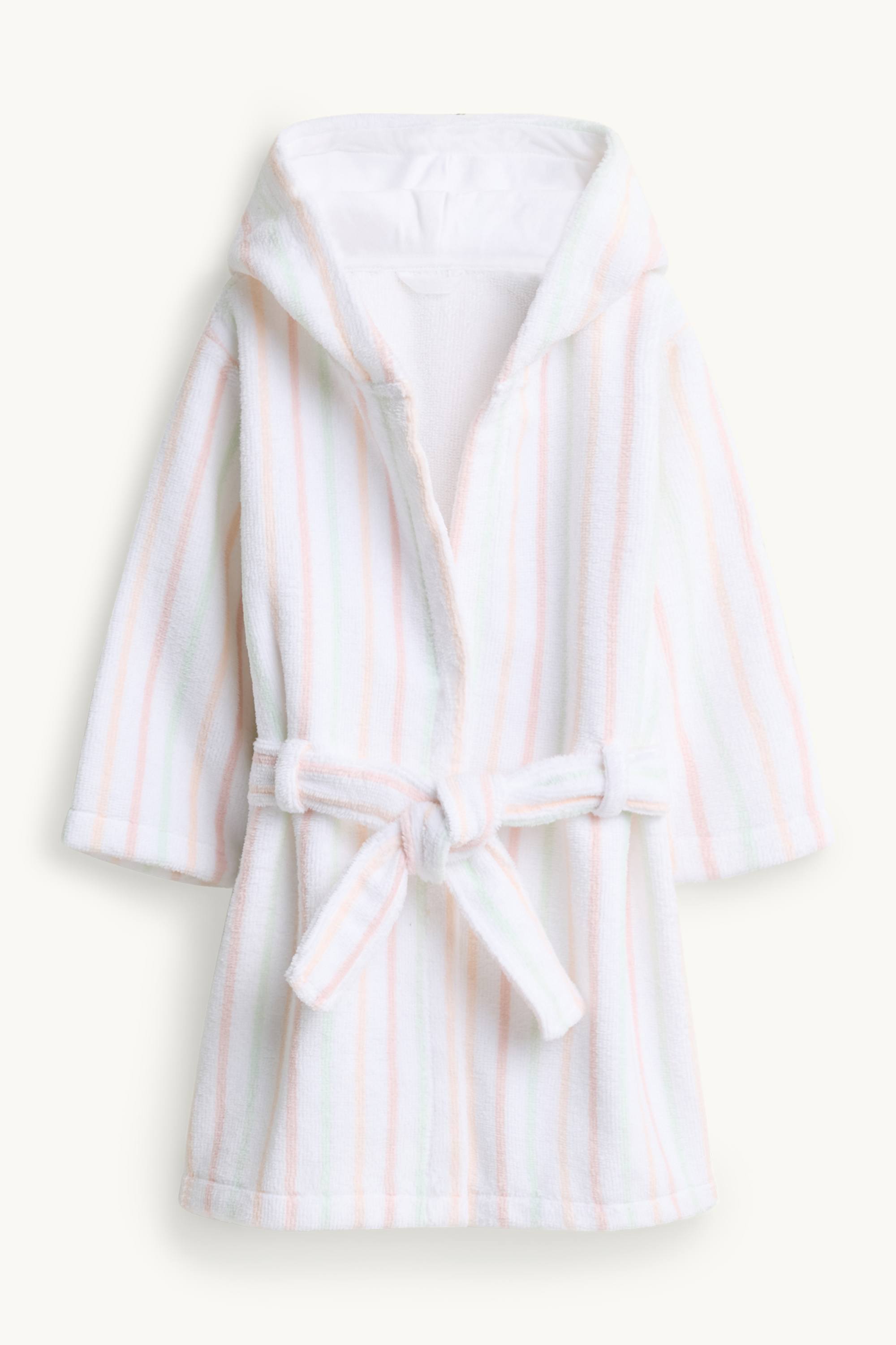 Terry cloth baby bathrobe with hood - striped white