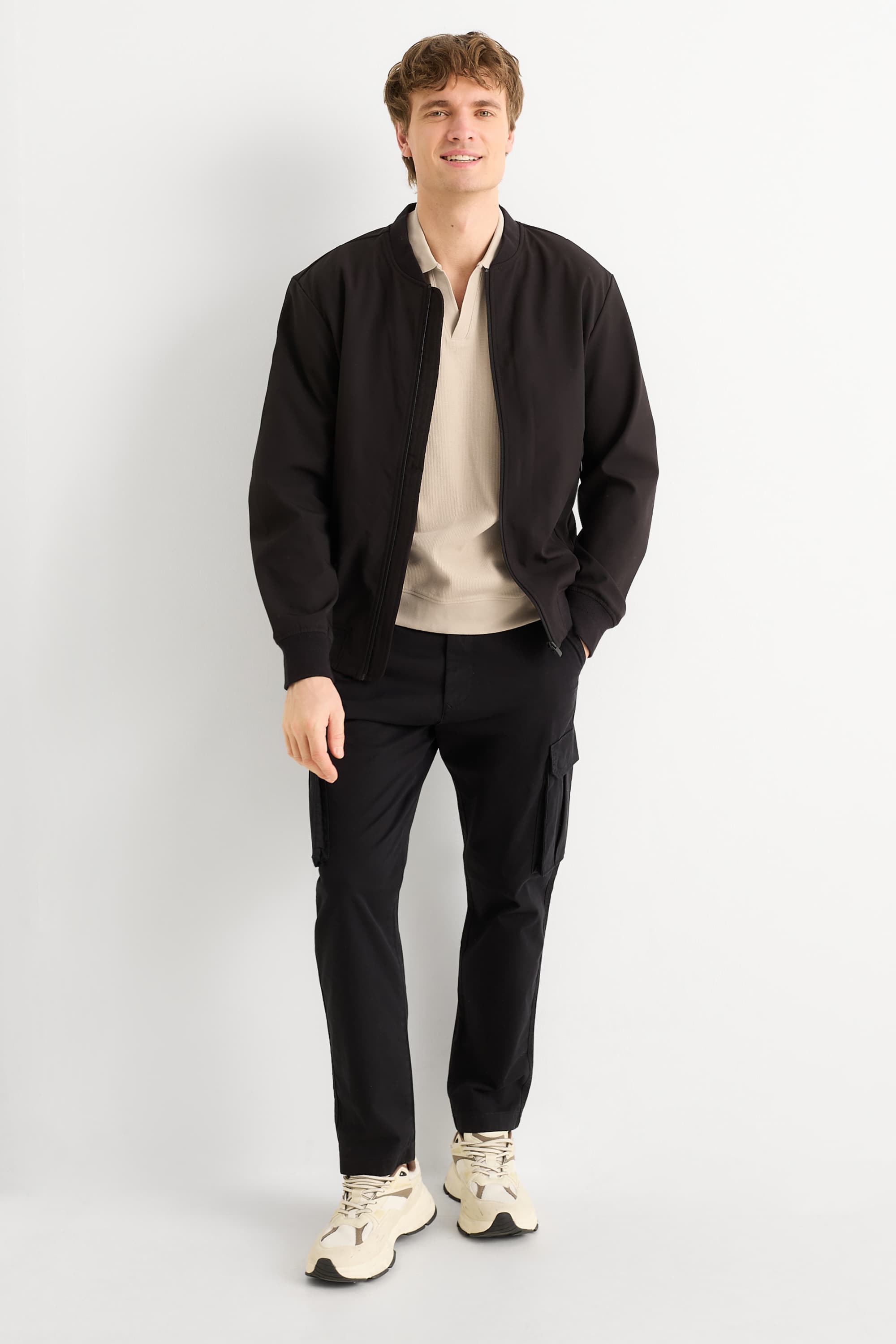 Knitted polo shirt - relaxed fit - ribbed beige