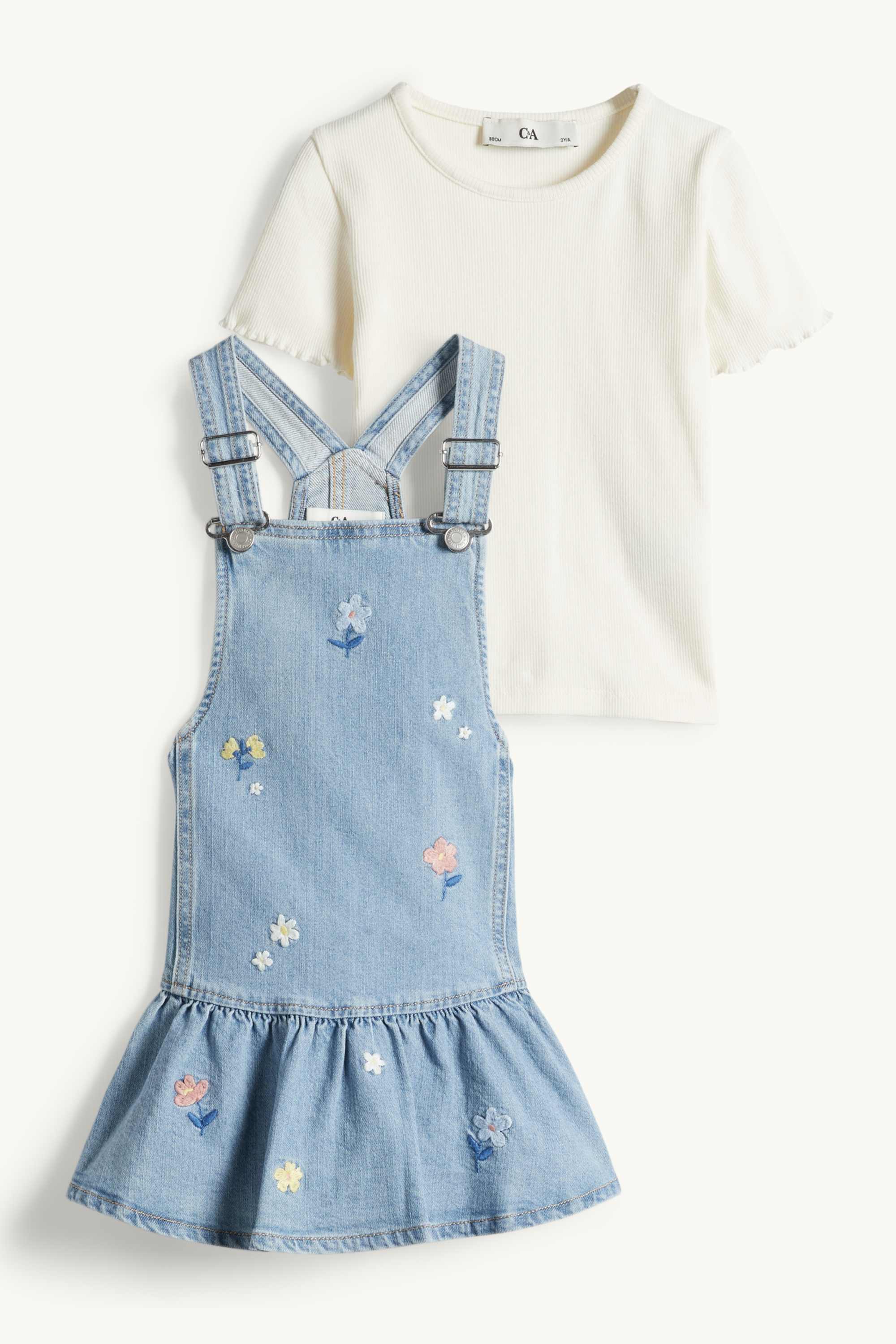 Floral - set - short sleeve T-shirt and denim pinafore dress - 2 piece blue / creme