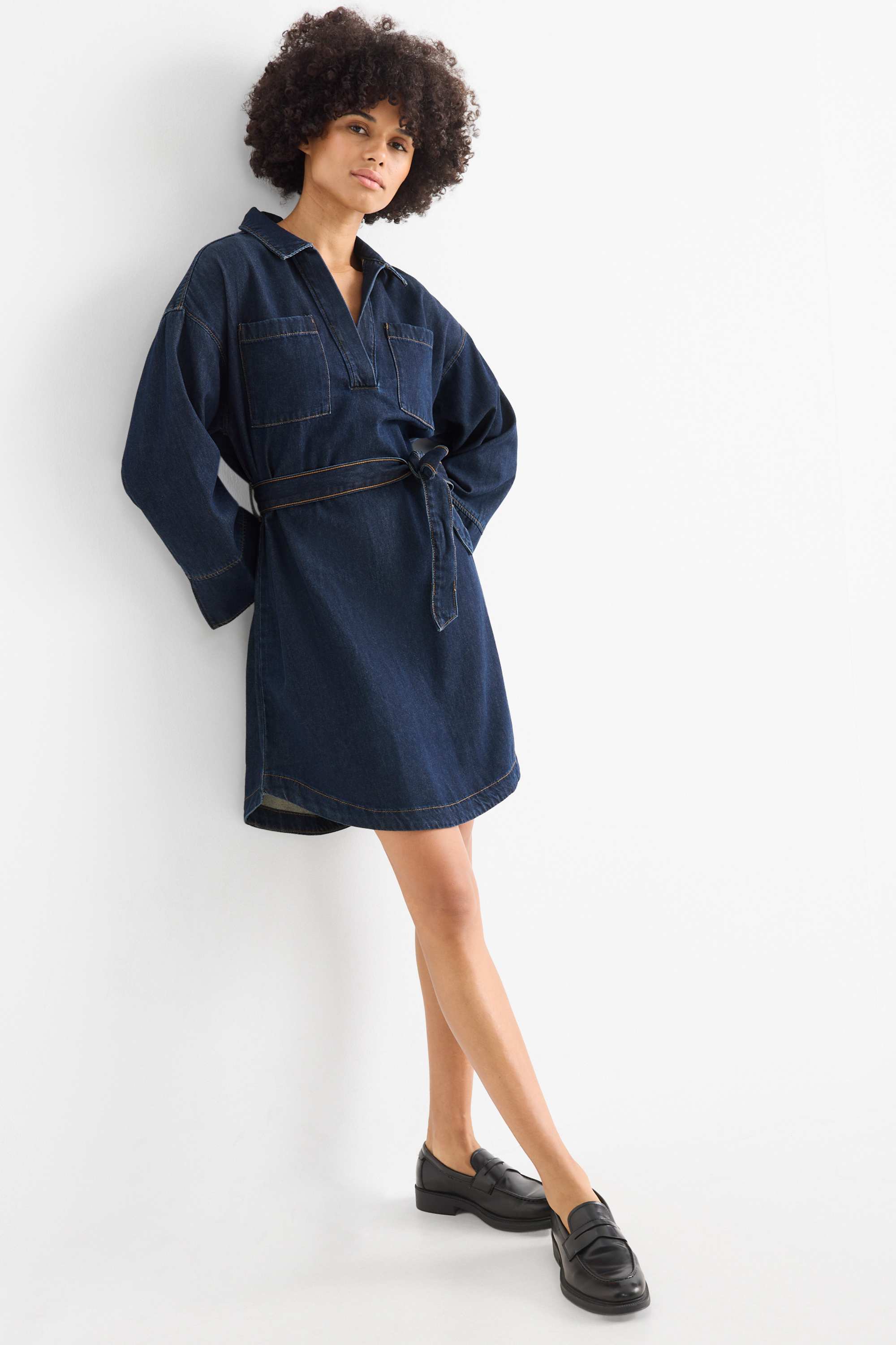 V-neck denim tunic dress dark blue