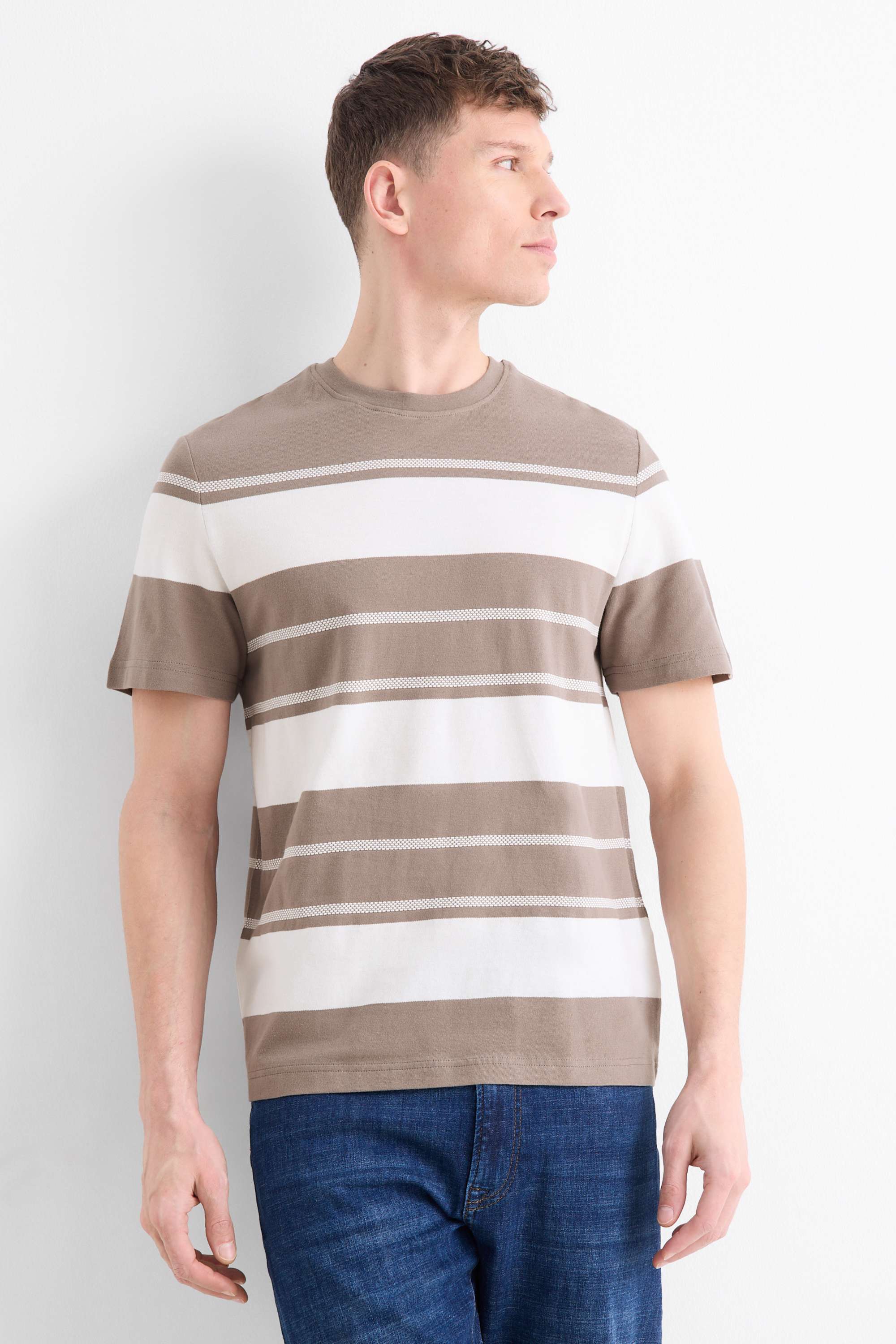 T-shirt - regular fit - striped - textured brown / cremewhite