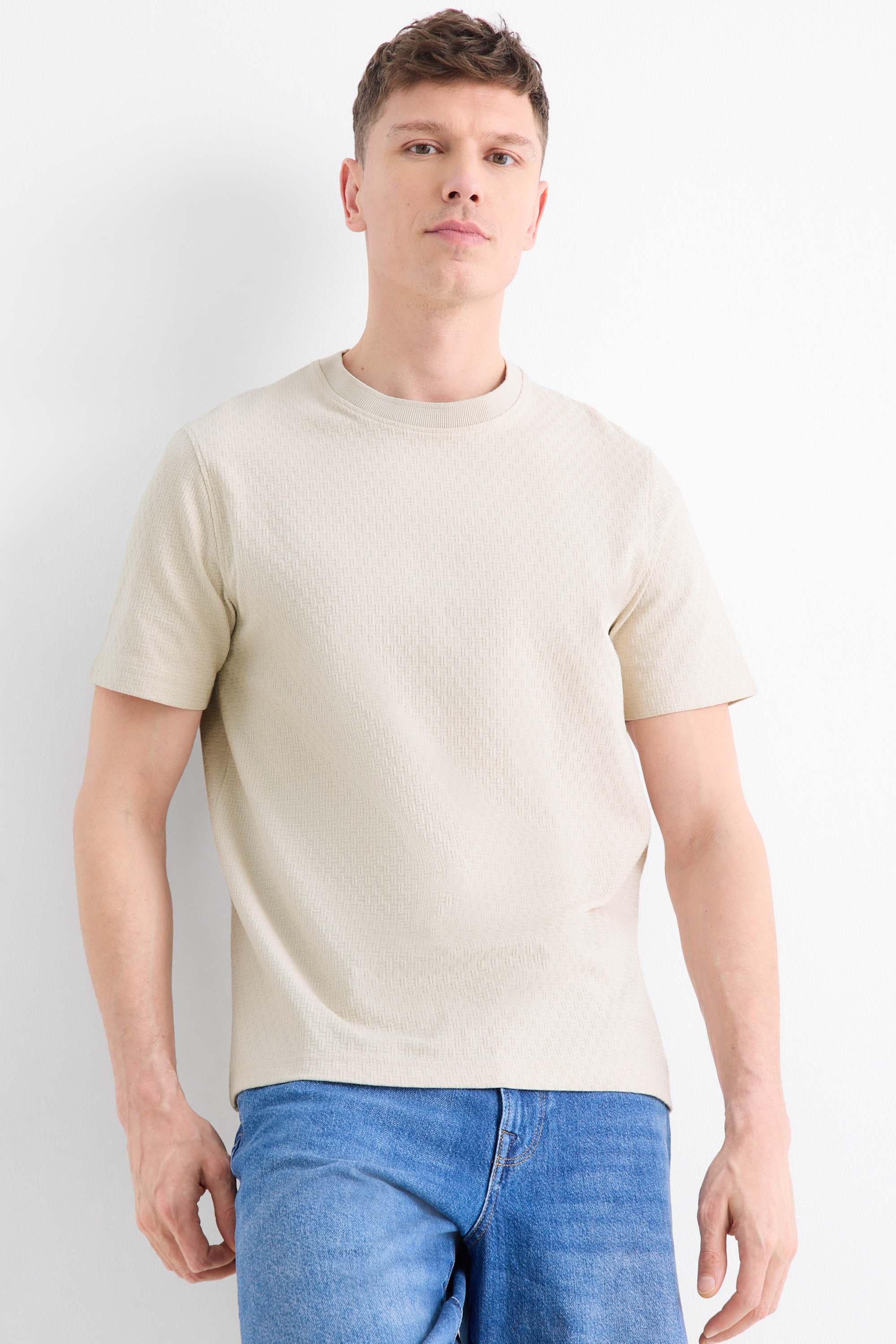 T-shirt - regular fit - textured cremewhite