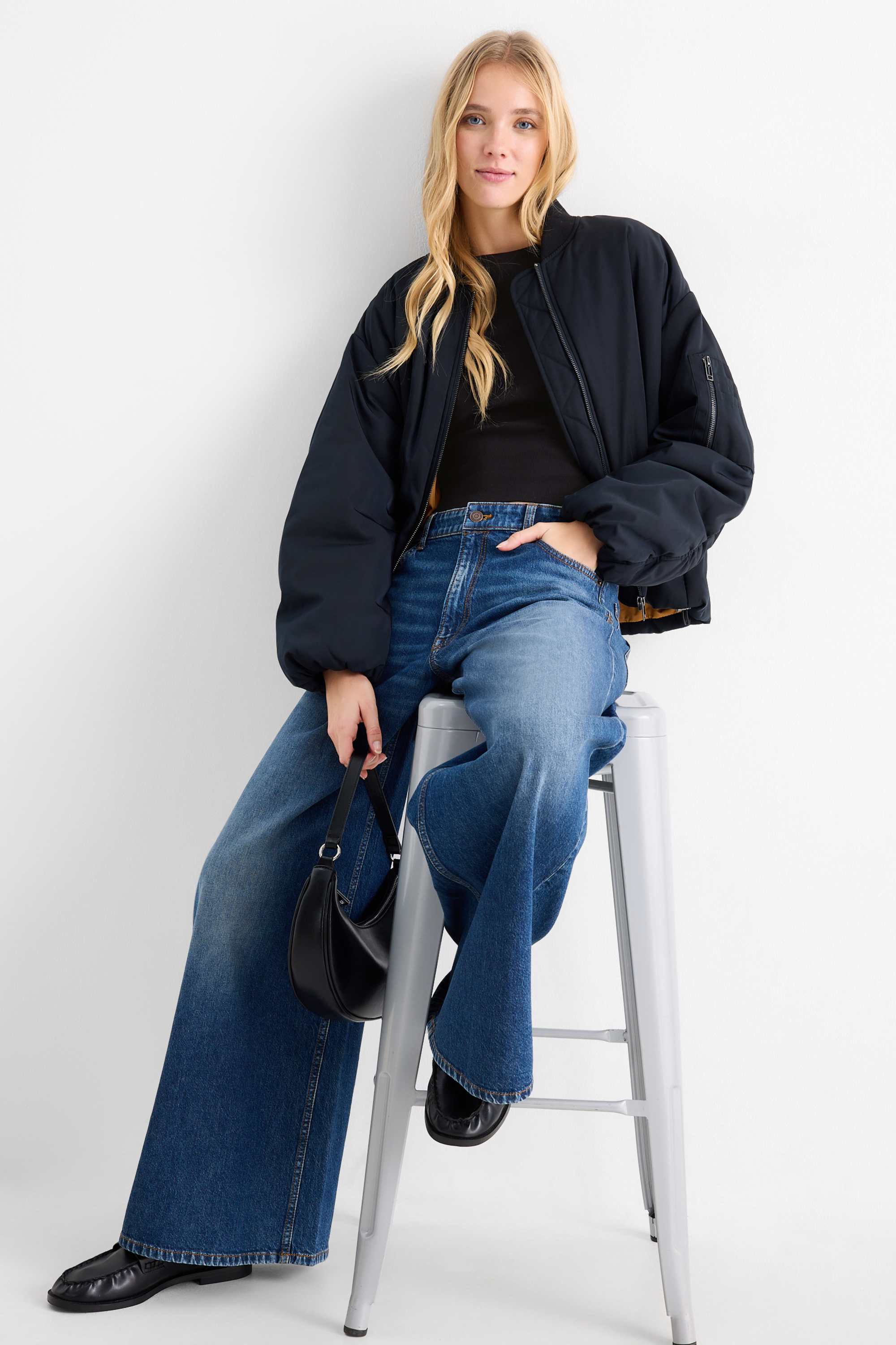 Cropped long sleeve top - slim fit - ribbed black