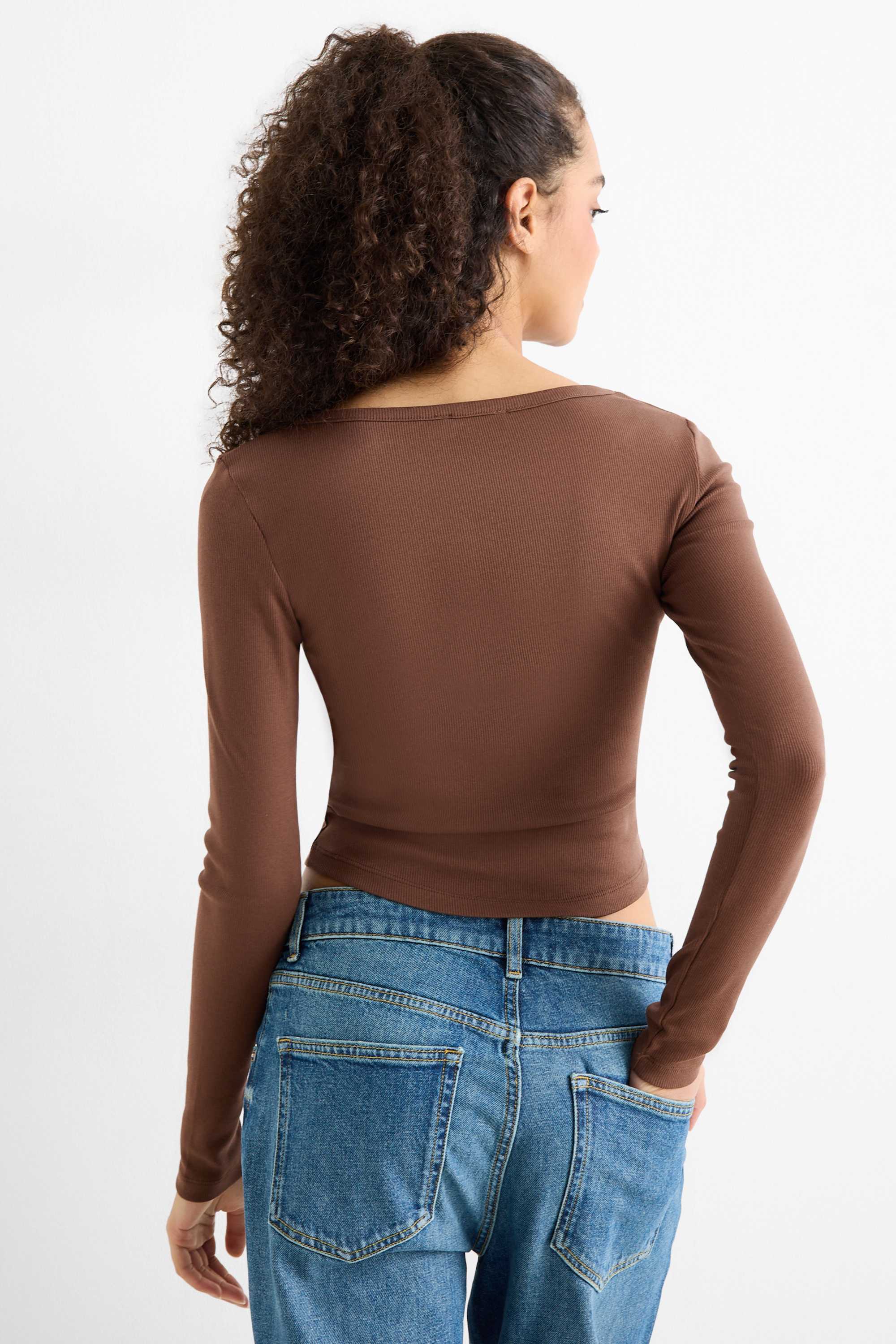 Cropped Henley T-shirt - slim fit - ribbed dark brown