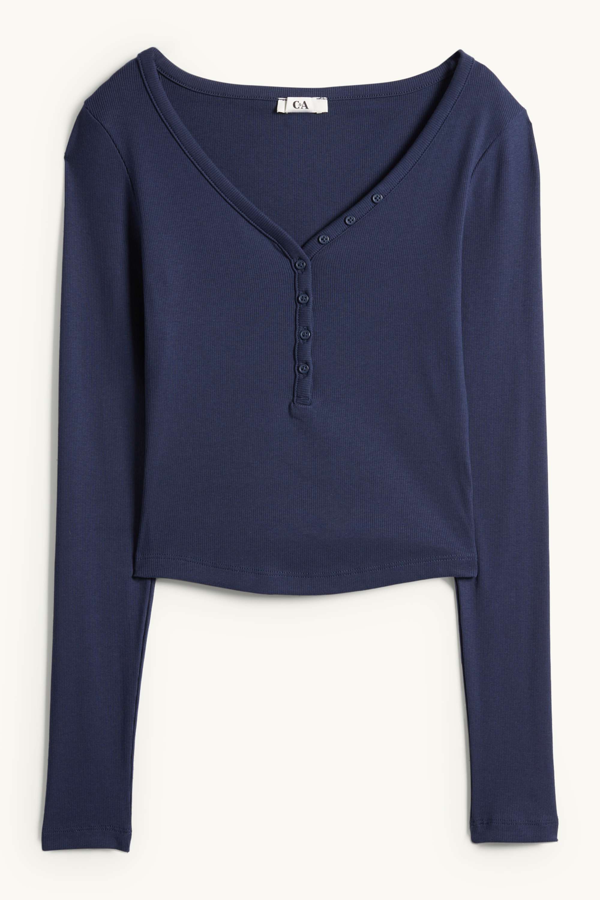 Cropped Henley T-shirt - slim fit - ribbed dark blue