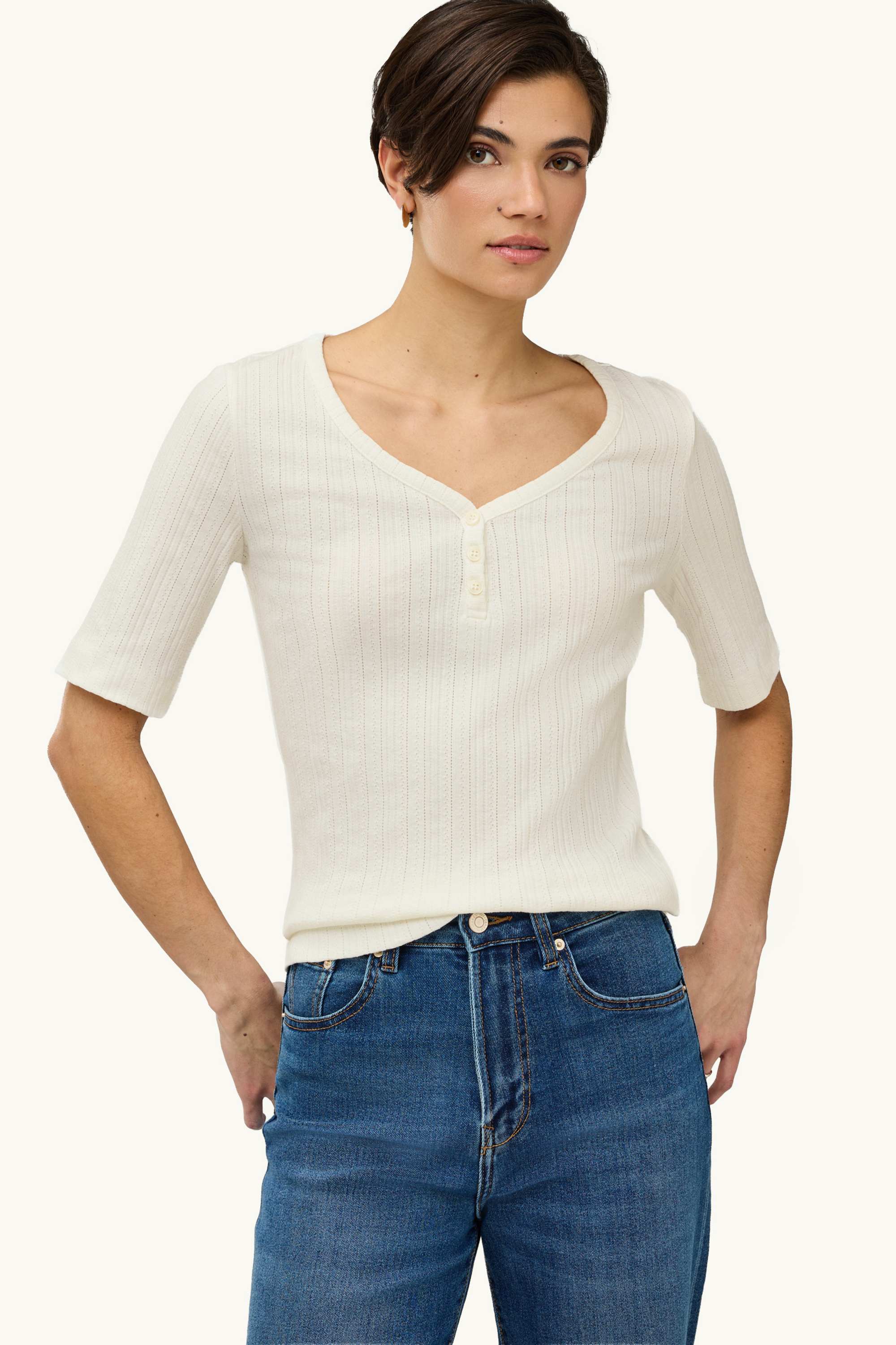 Henley T-shirt - regular fit - ribbed white