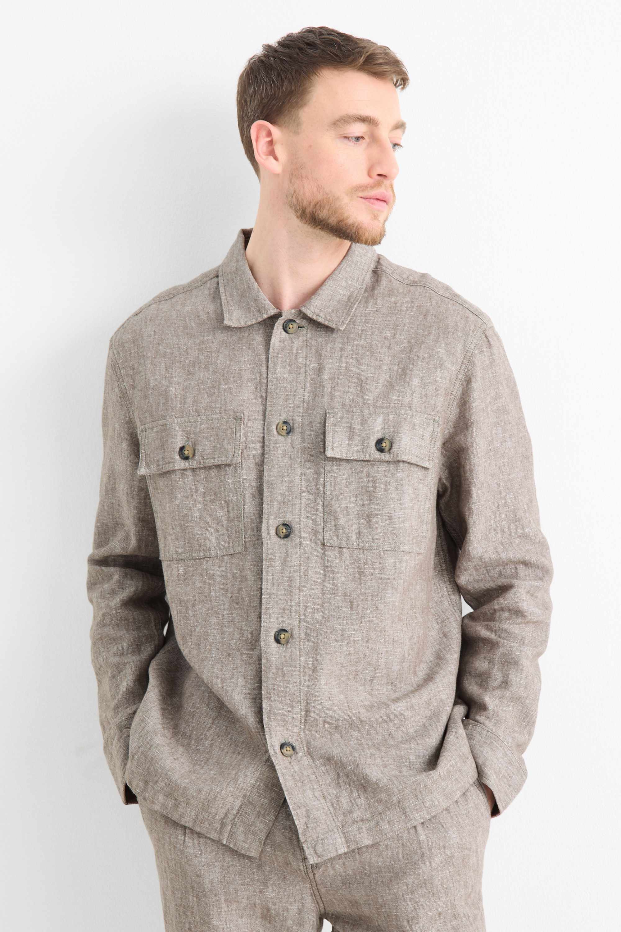 Shirt jacket - regular fit - kent collar - linen blend gray-melange
