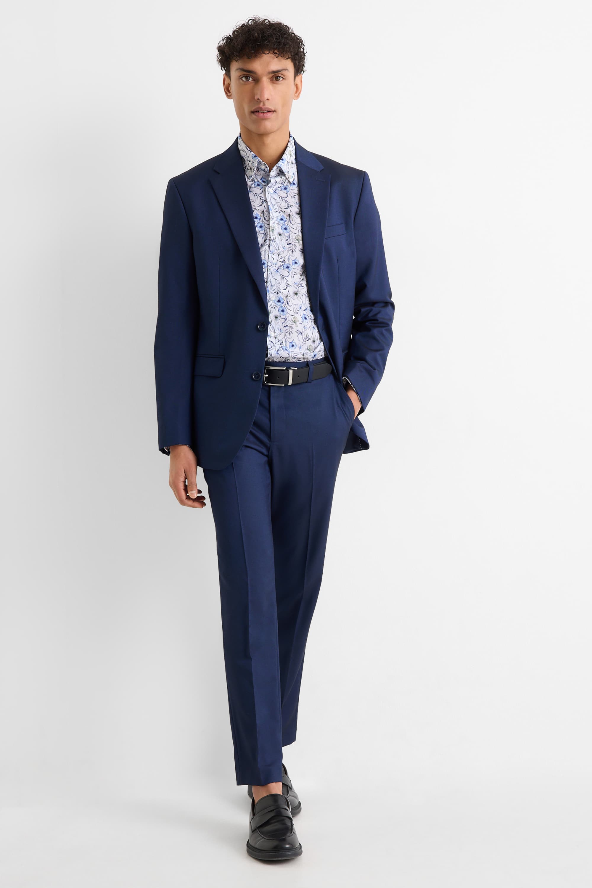 Business shirt - regular fit - button-down collar - patterned dark blue / white