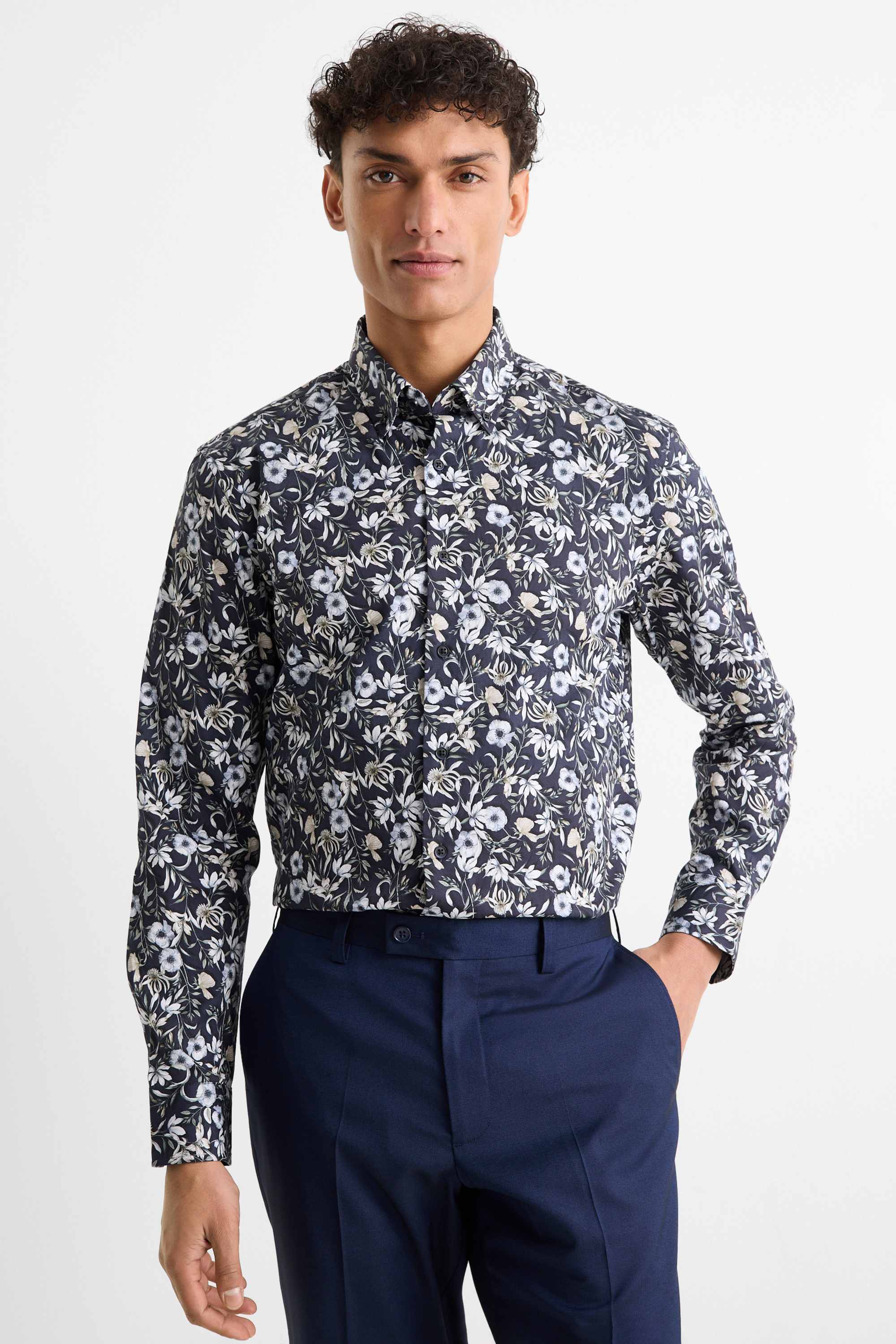 Business shirt - regular fit - button-down collar - patterned dark blue