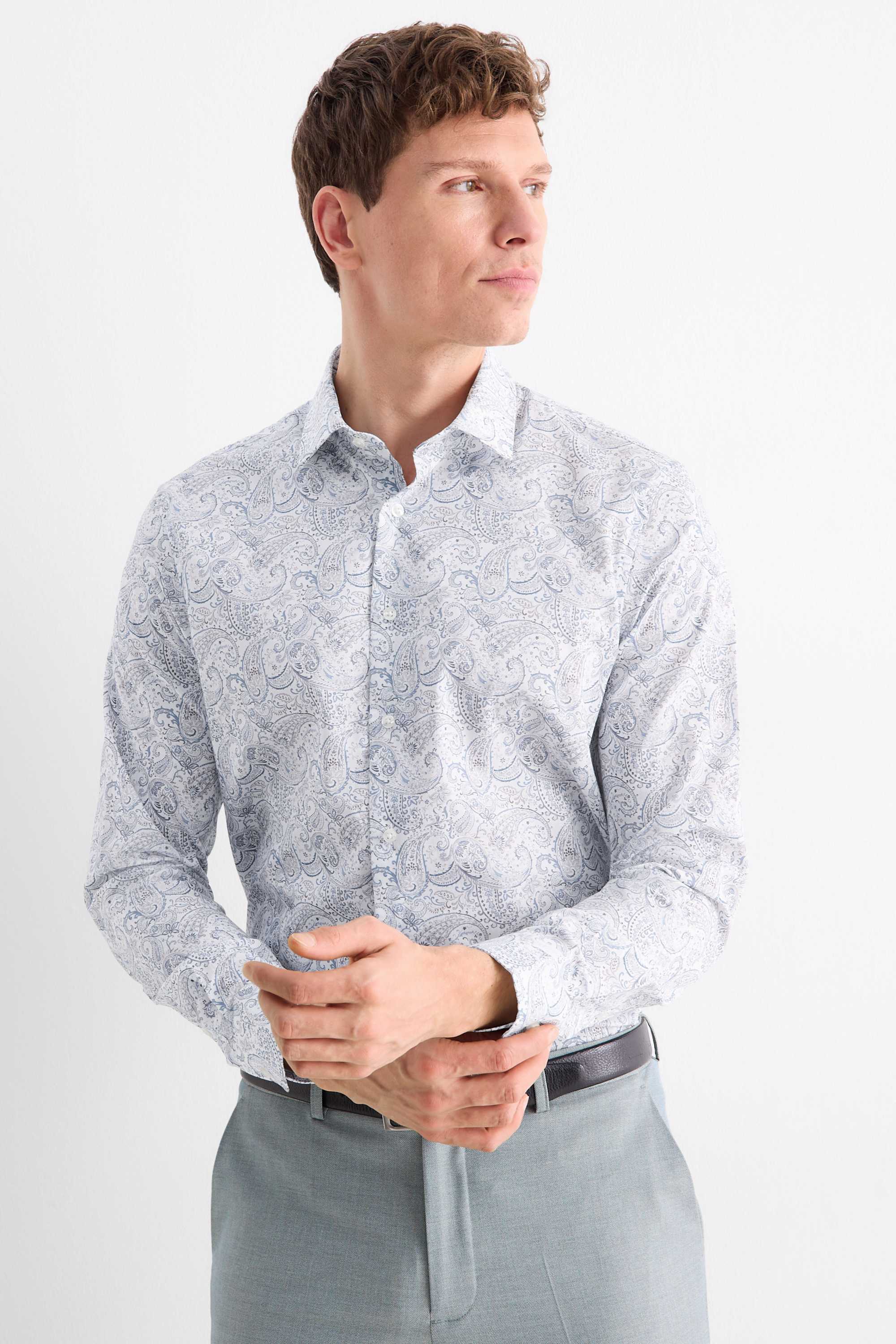 Business shirt - regular fit - kent collar - easy-iron - patterned white / light blue