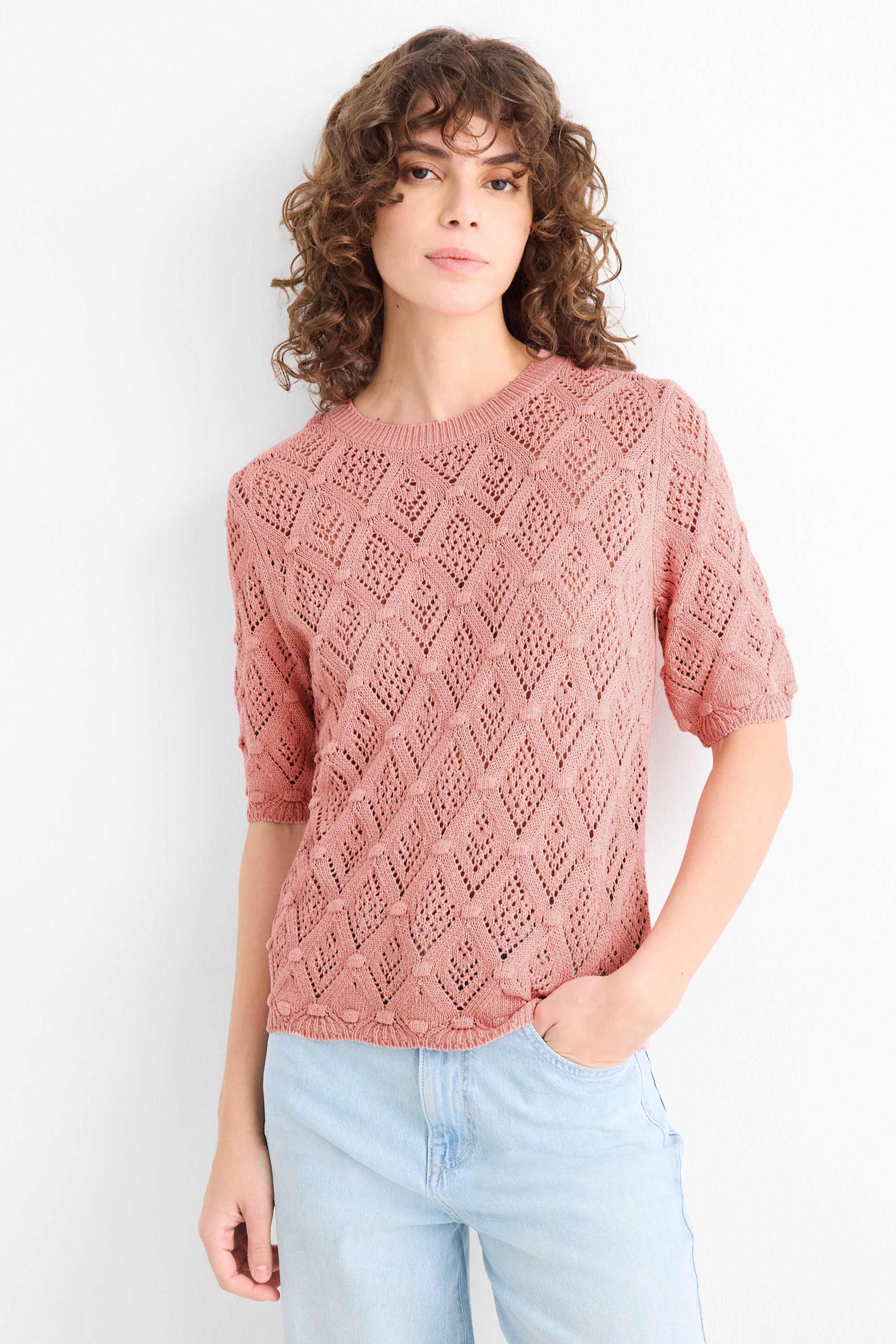 Knitted jumper - short sleeve dark rose