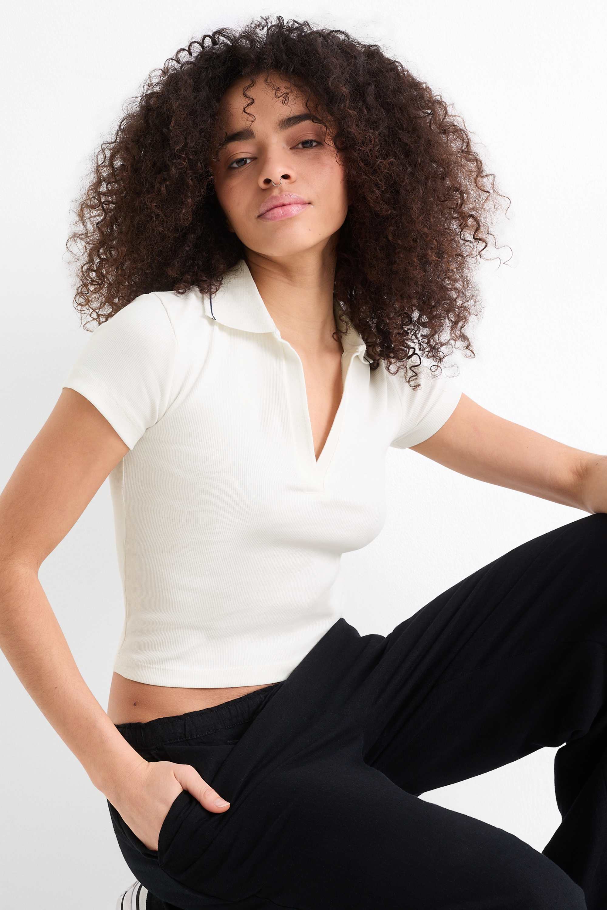 Cropped polo shirt - slim fit - ribbed cremewhite