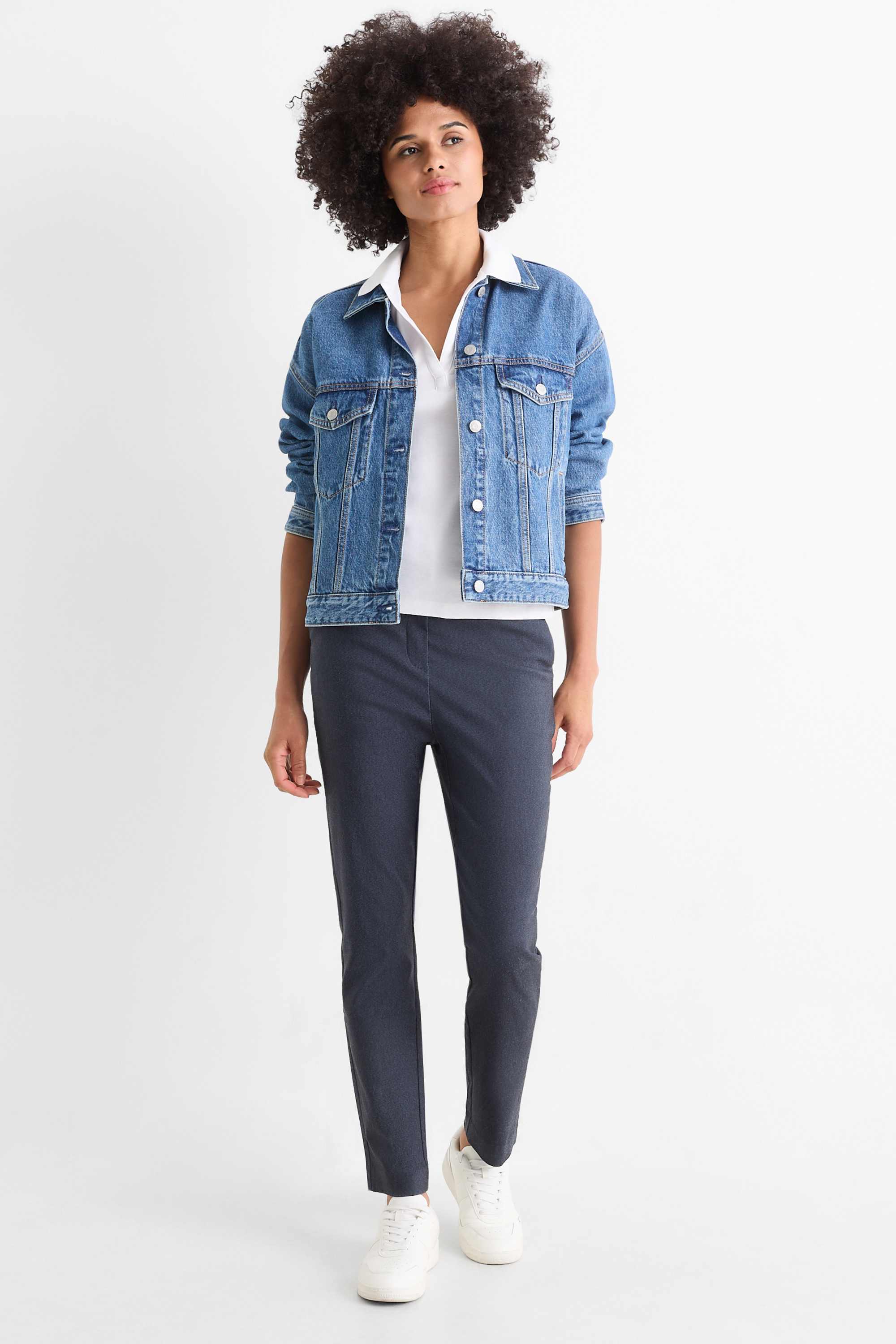Cloth trousers - mid-rise waist - tapered fit - denim look dark blue