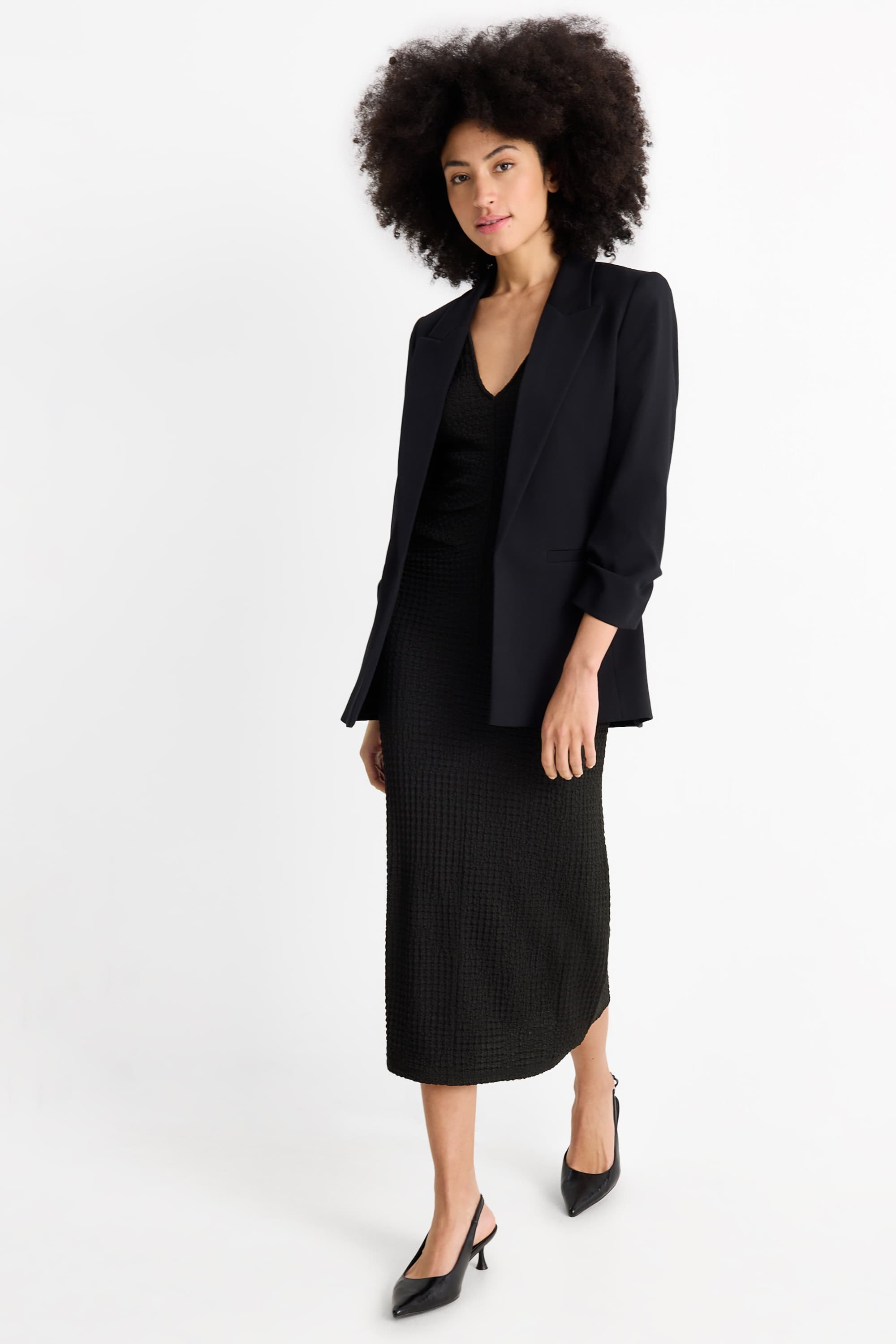 V-neck dress - straight fit - textured black
