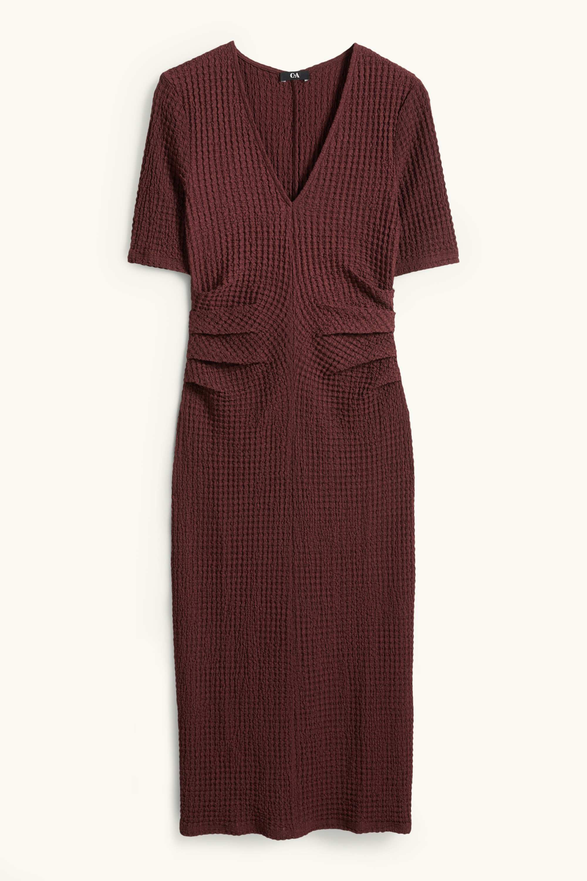 V-neck dress - straight fit - textured bordeaux