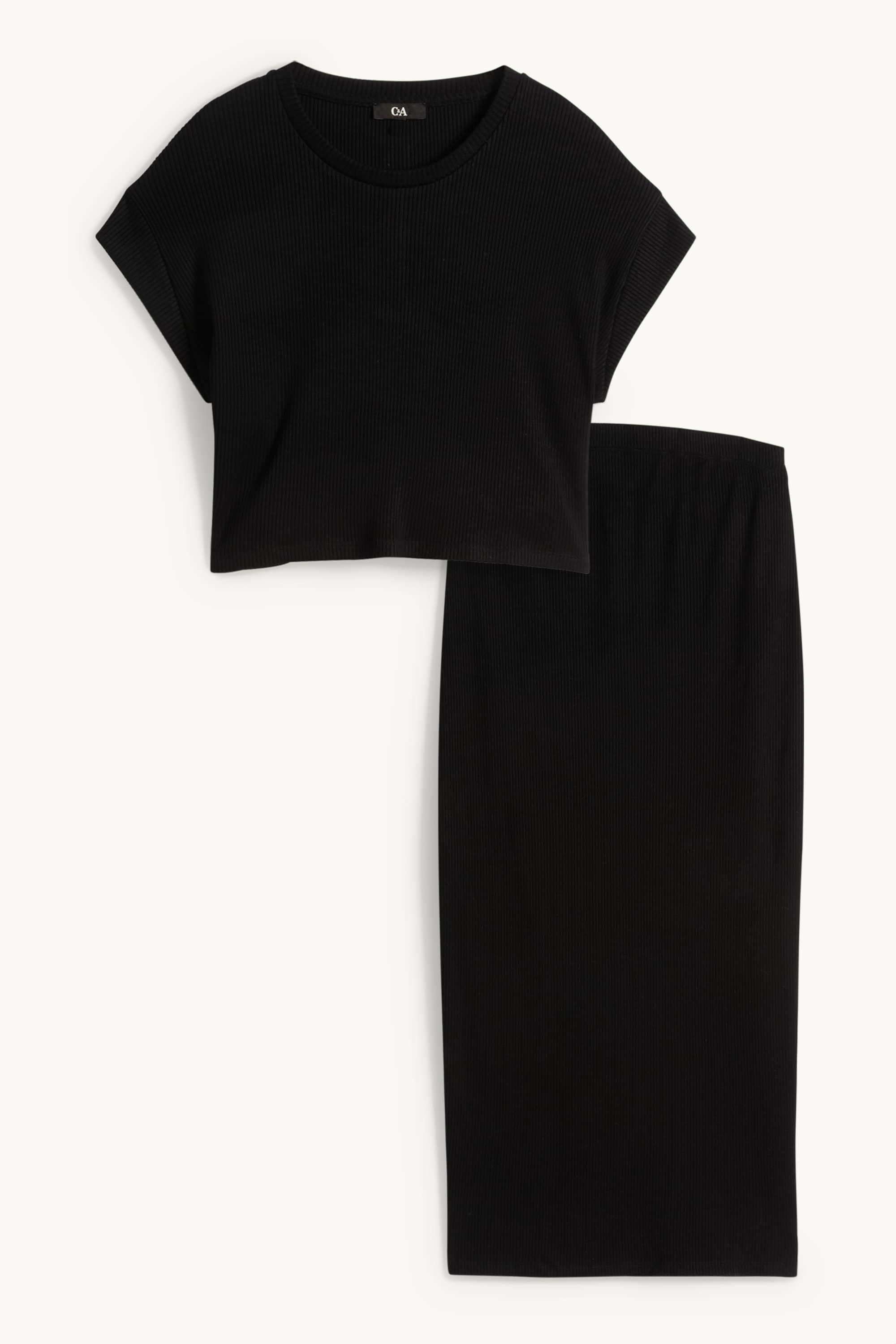 Set - cropped long sleeve maternity top and skirt - ribbed black