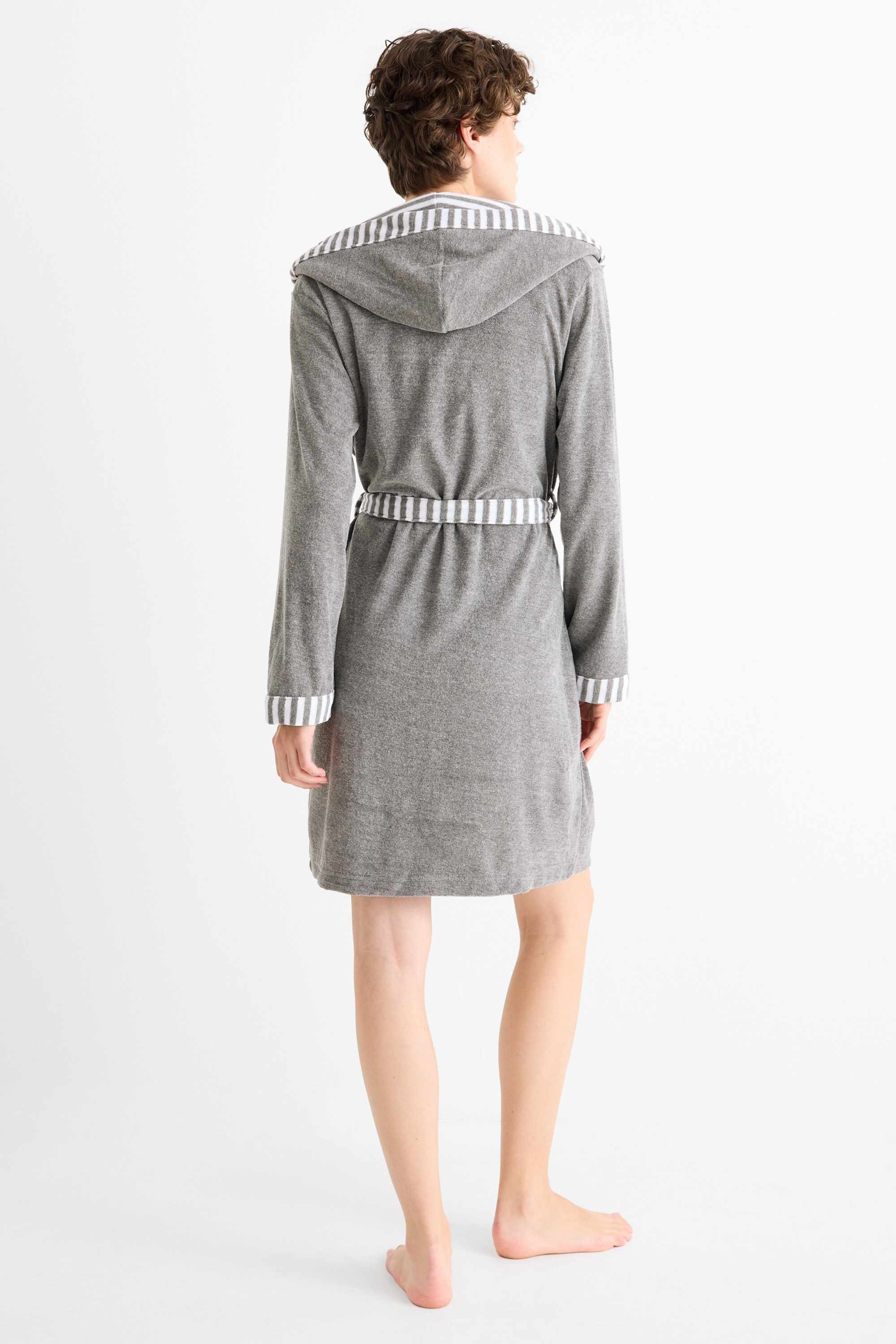 Terry cloth bathrobe with hood gray-melange