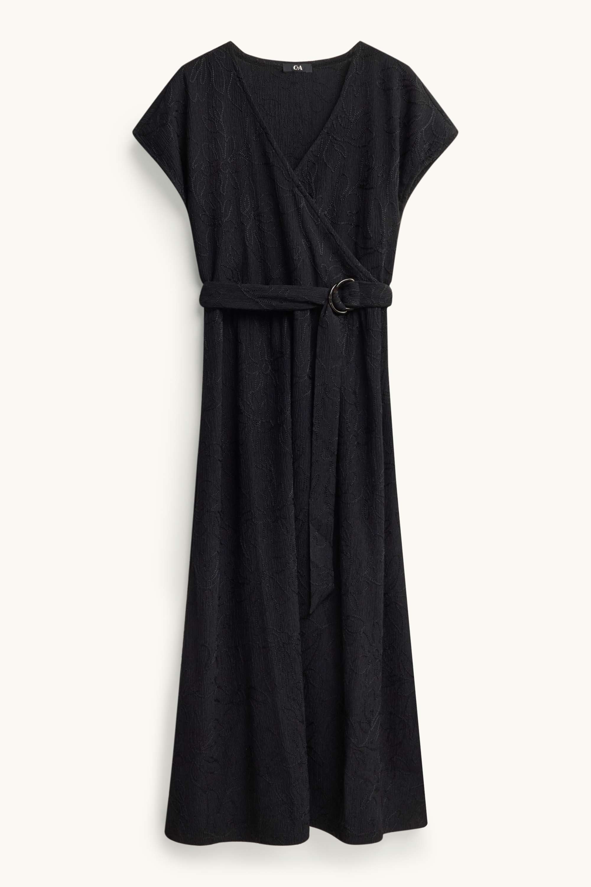 Fit & flare dress with belt - floral - textured black
